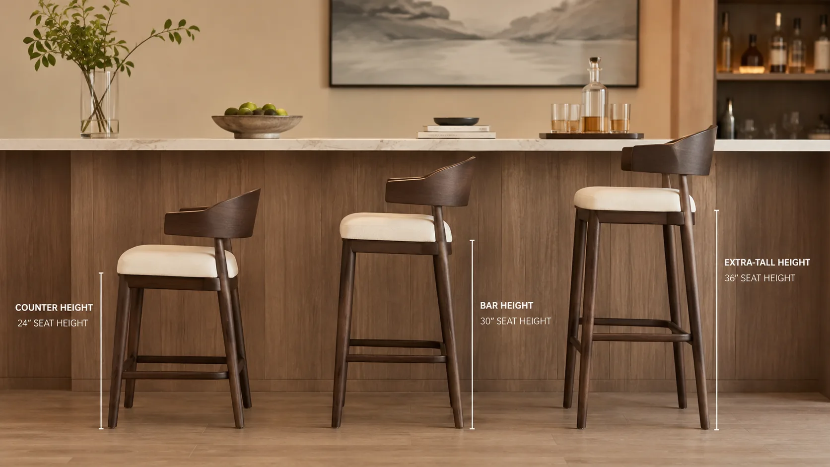 Barstool height comparison showing counter height bar height and extra tall options