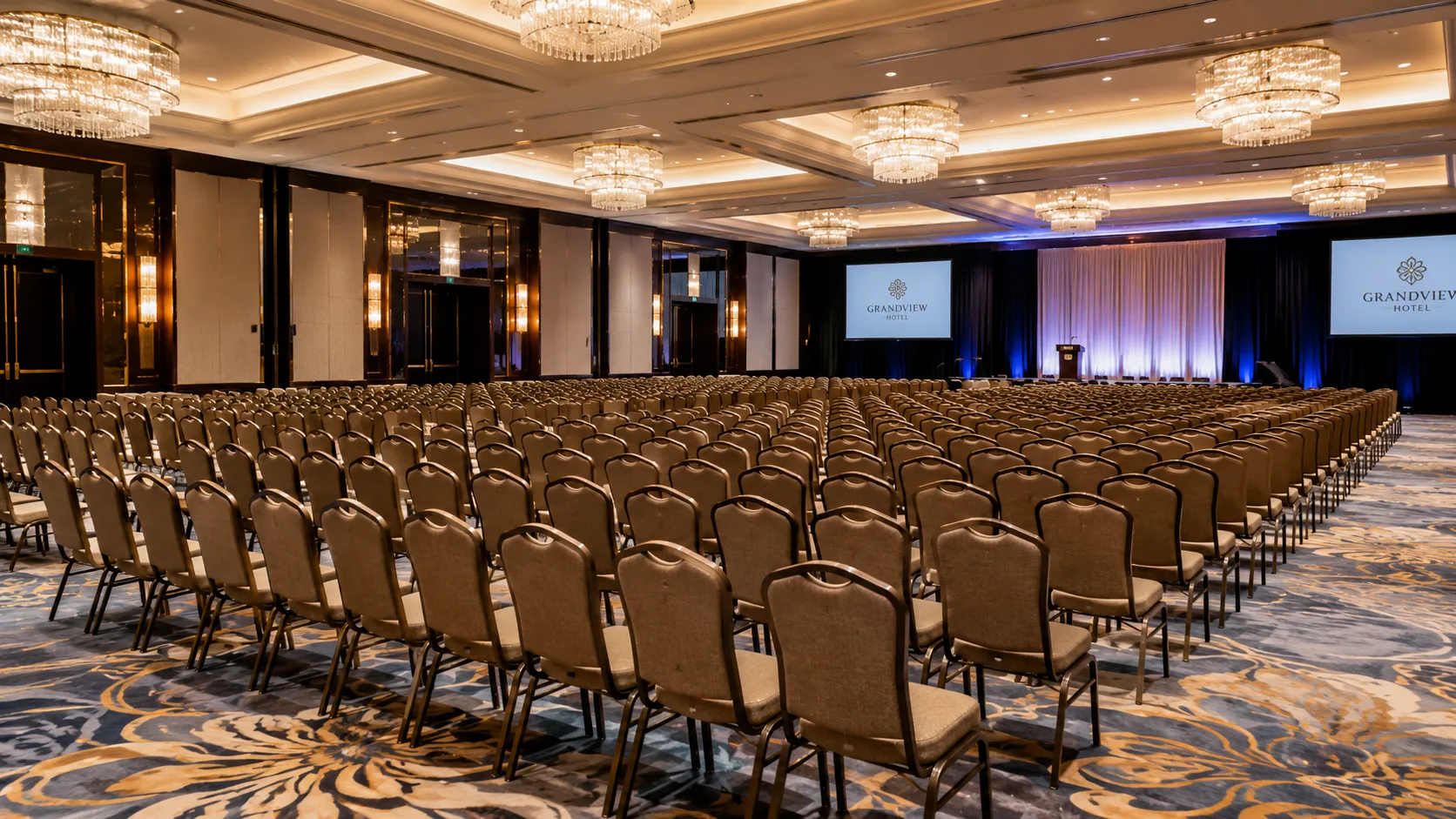 Contract furniture displayed in hotel ballroom showing banquet chair setup