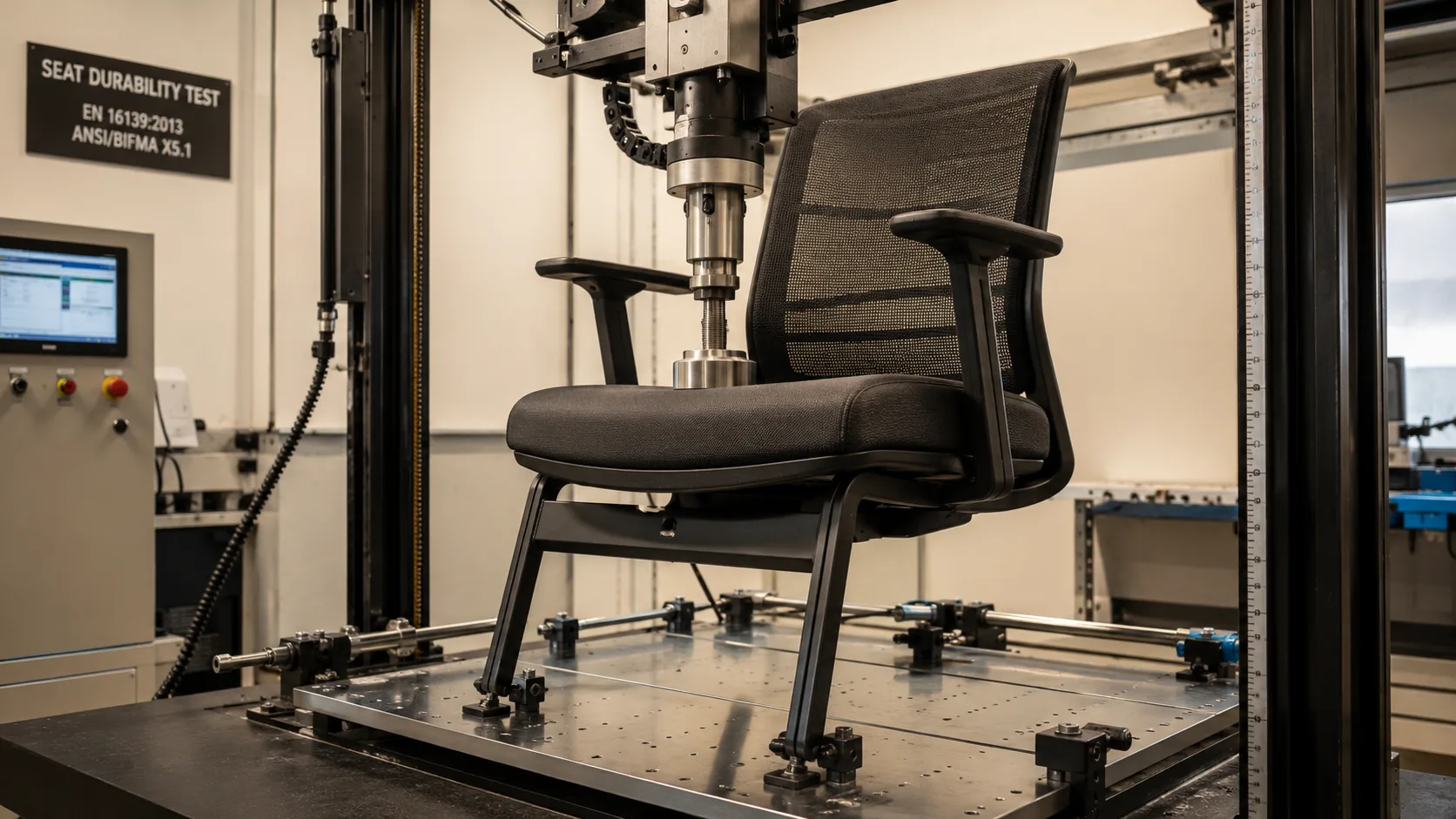 Commercial furniture durability testing machine showing use cycle testing
