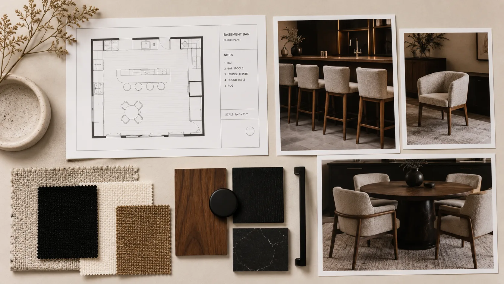 Bar and restaurant furniture spec kit showing material samples and drawings