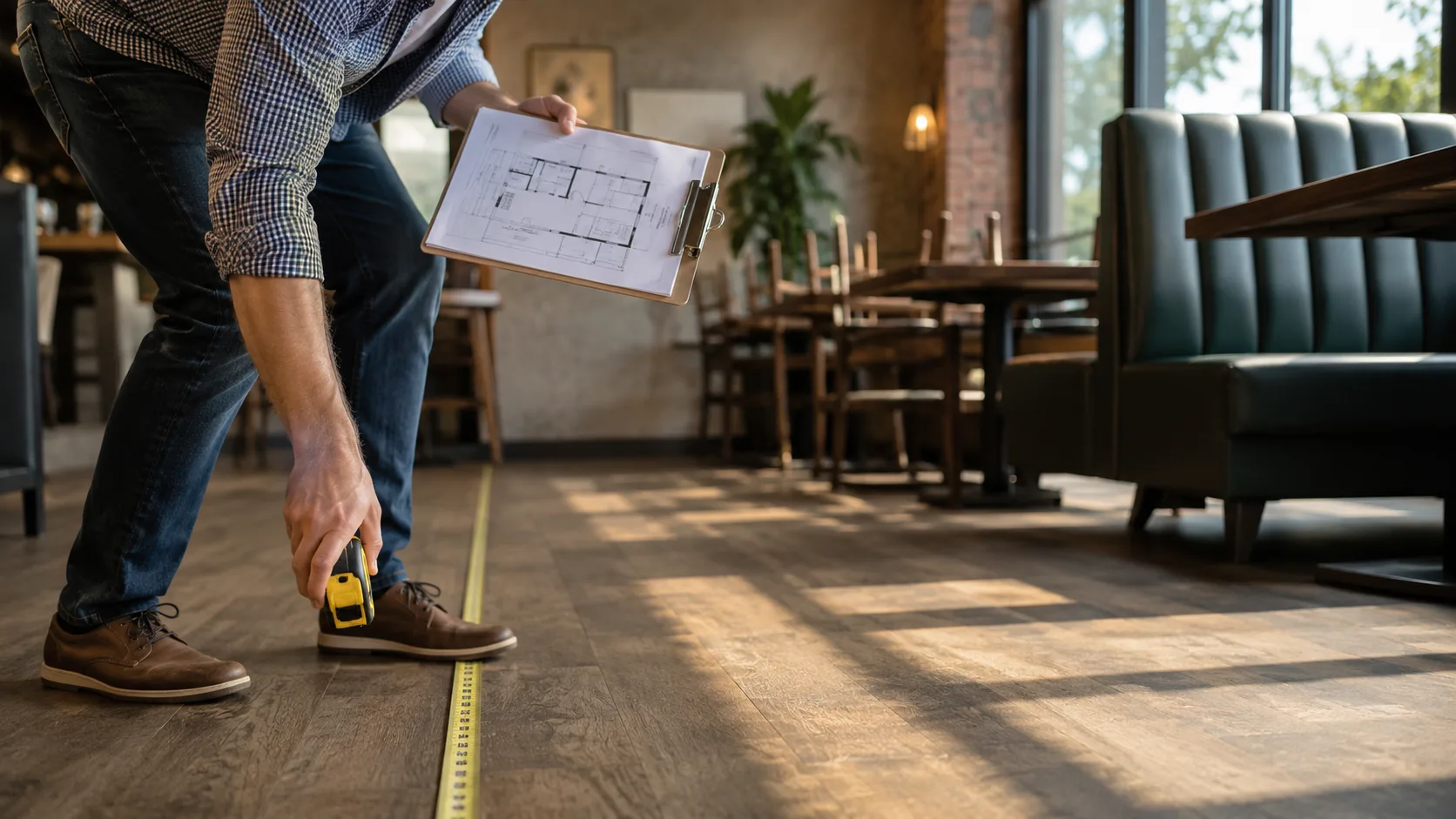 Restaurant bar space measurement showing tape measure at bar top height