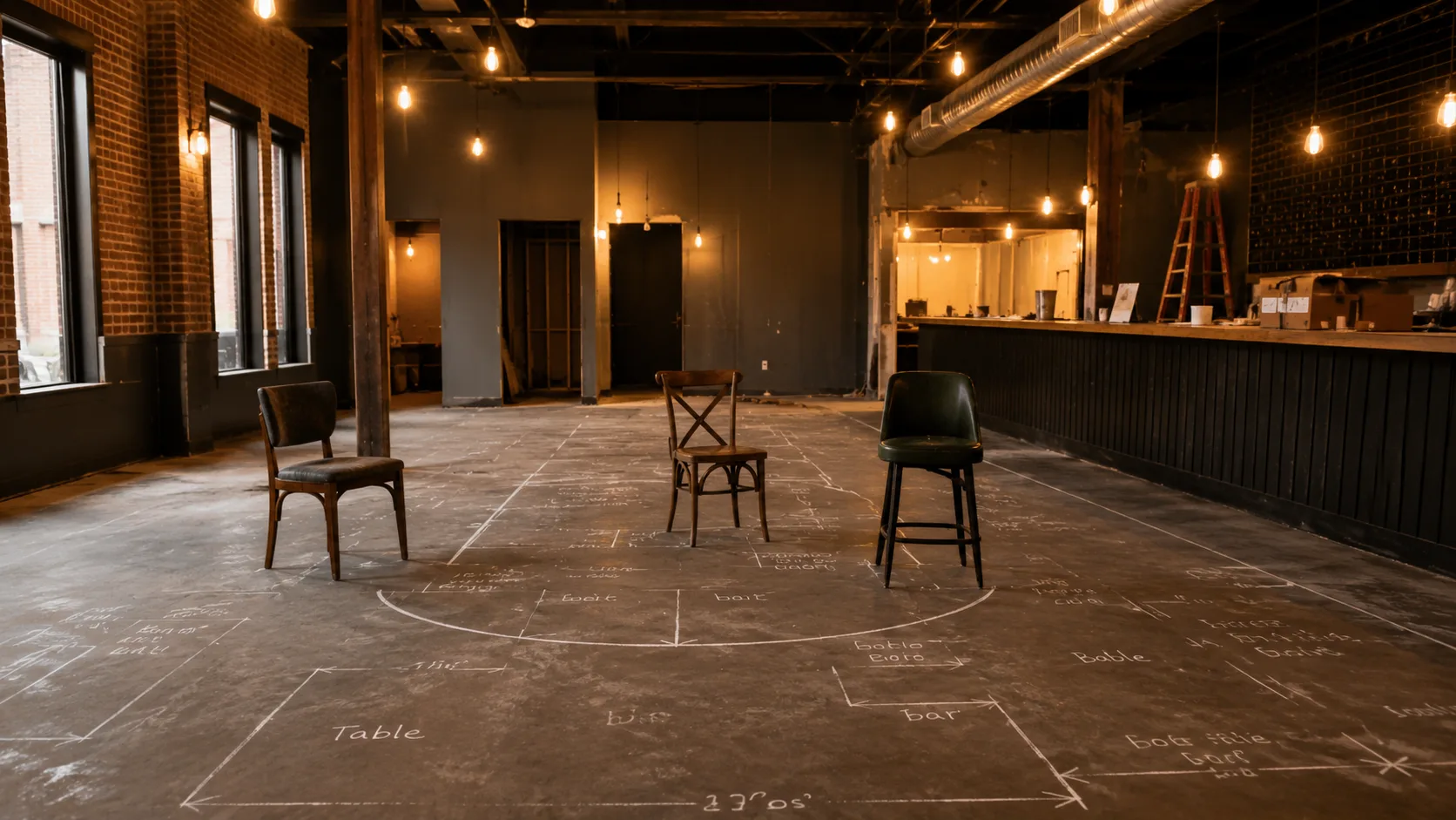 Restaurant furniture spec floor plan chalk drawing showing table layout planning