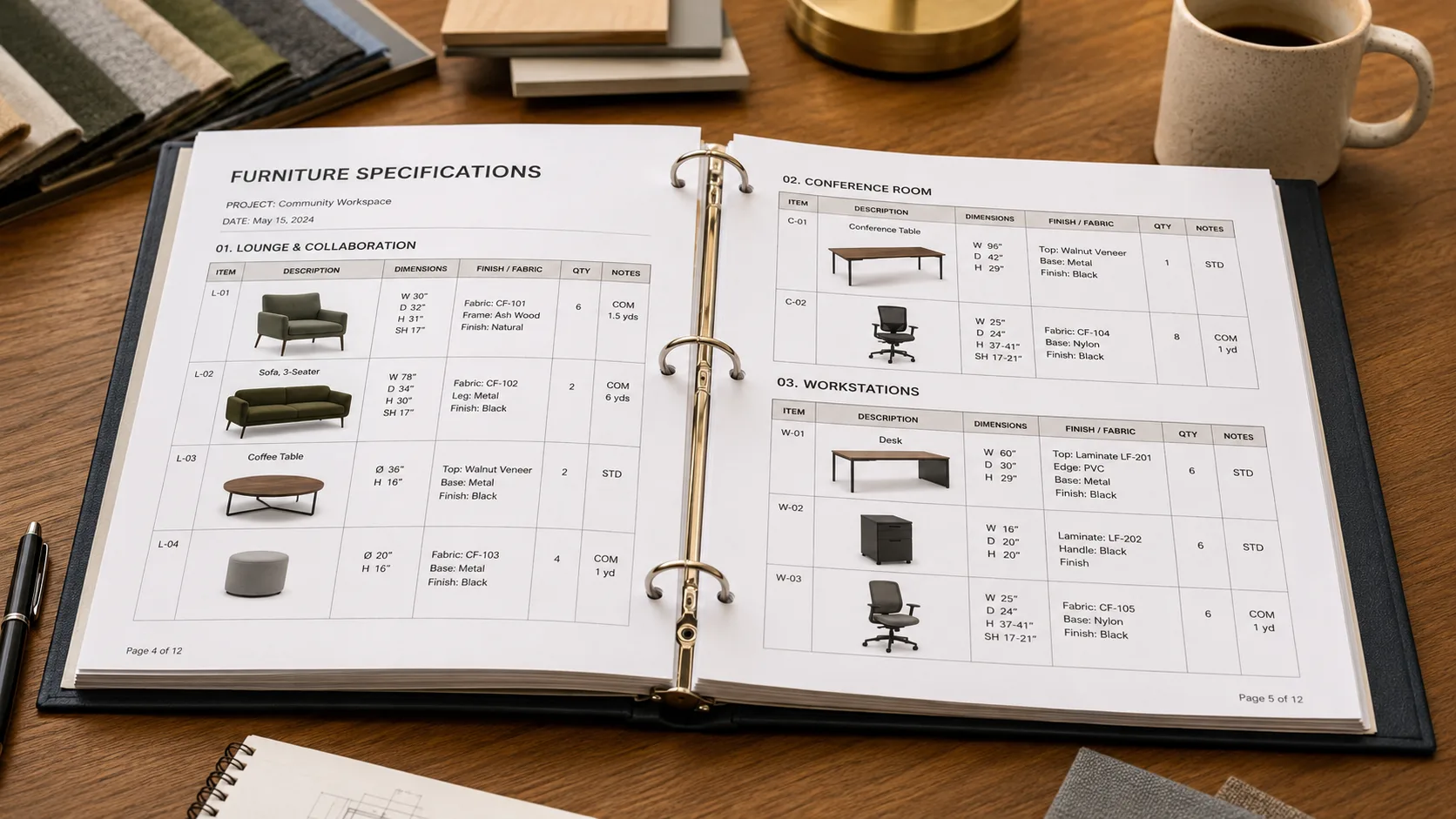 Restaurant furniture specification binder showing completed spec document
