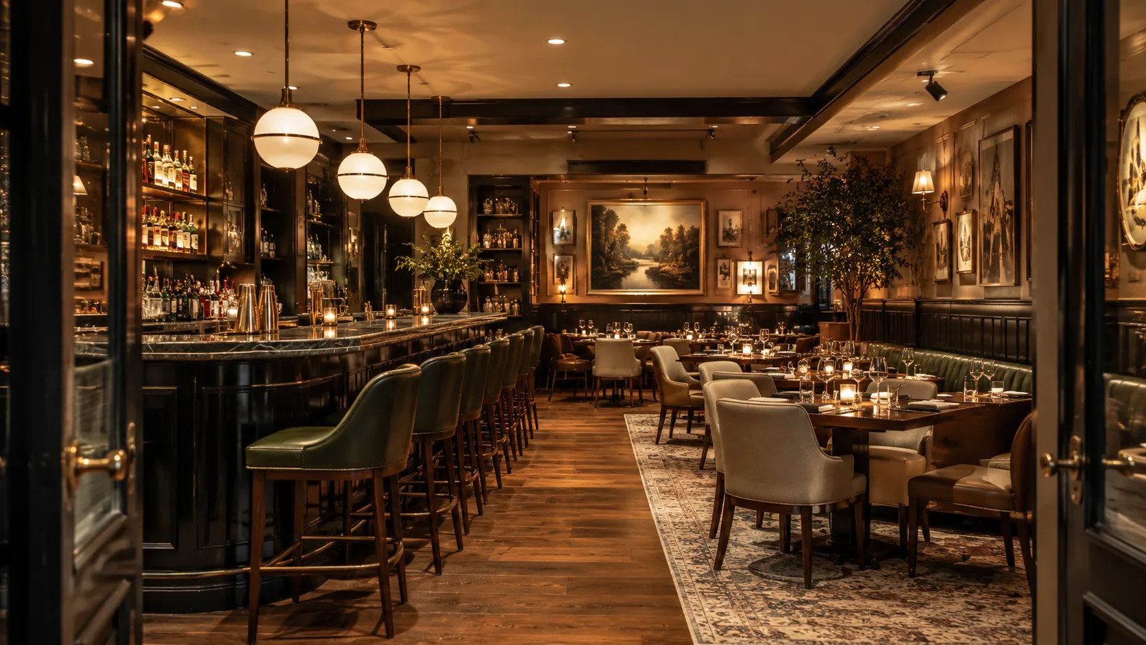 Upscale bar with leather stools showing final furniture spec result