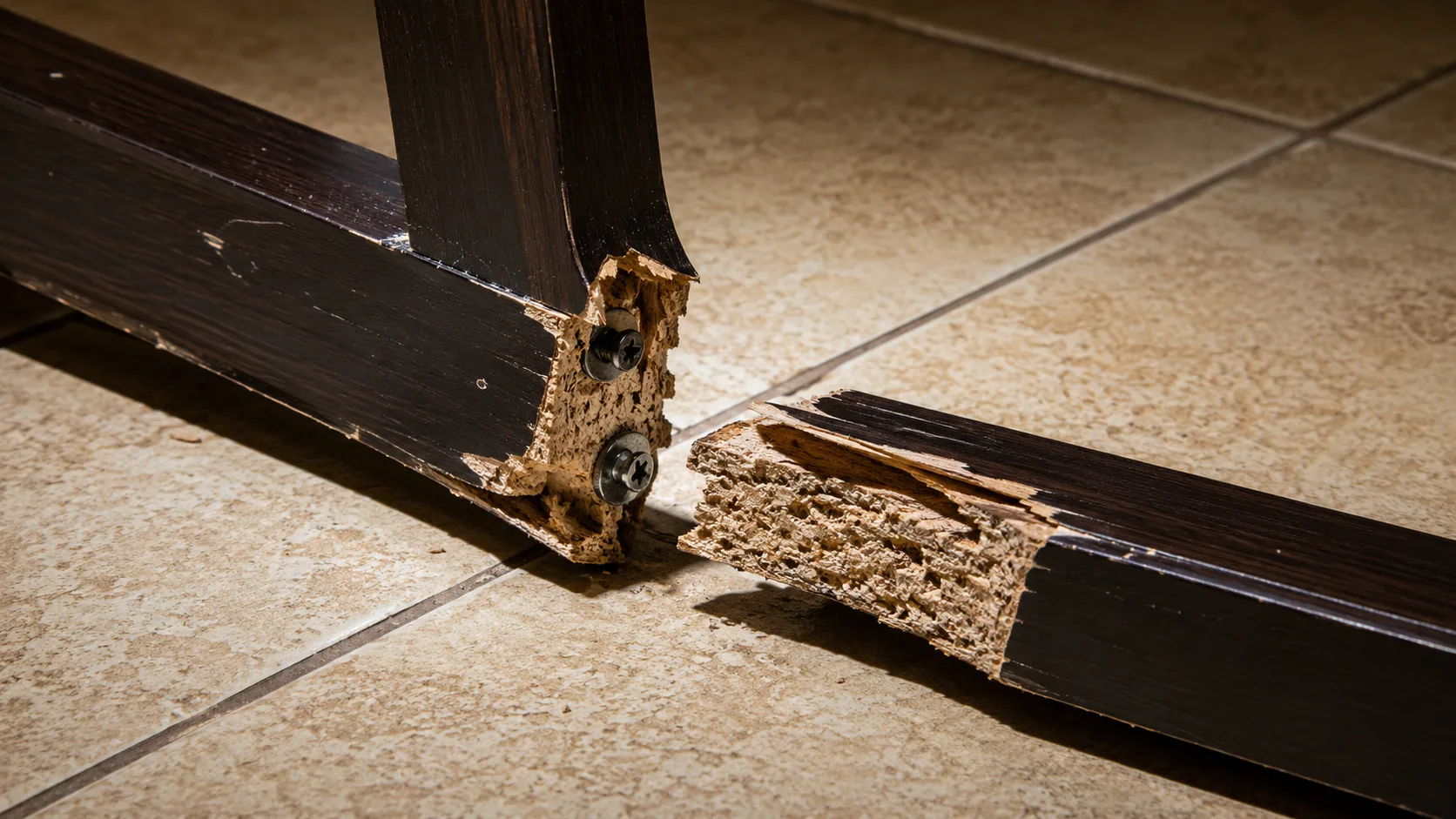 Broken consumer chair joint in restaurant showing failed cam-lock connection