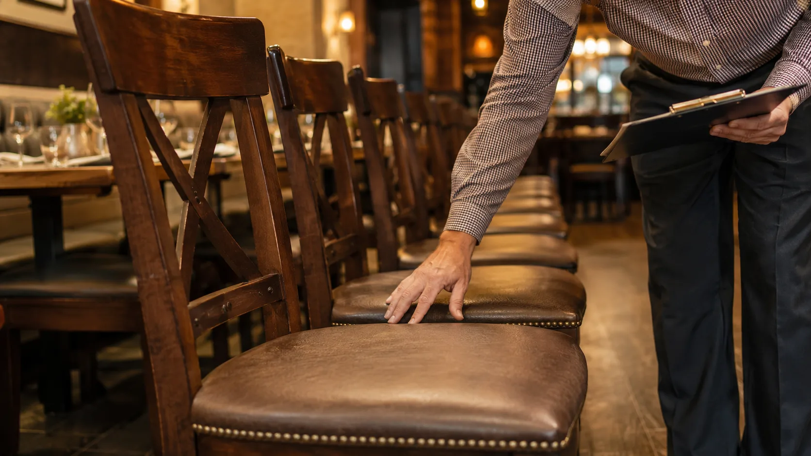 Commercial bar chair leather quality inspection showing contract-grade construction