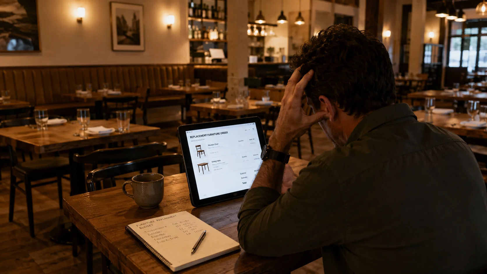 Restaurant furniture replacement review showing crew replacing worn retail chairs
