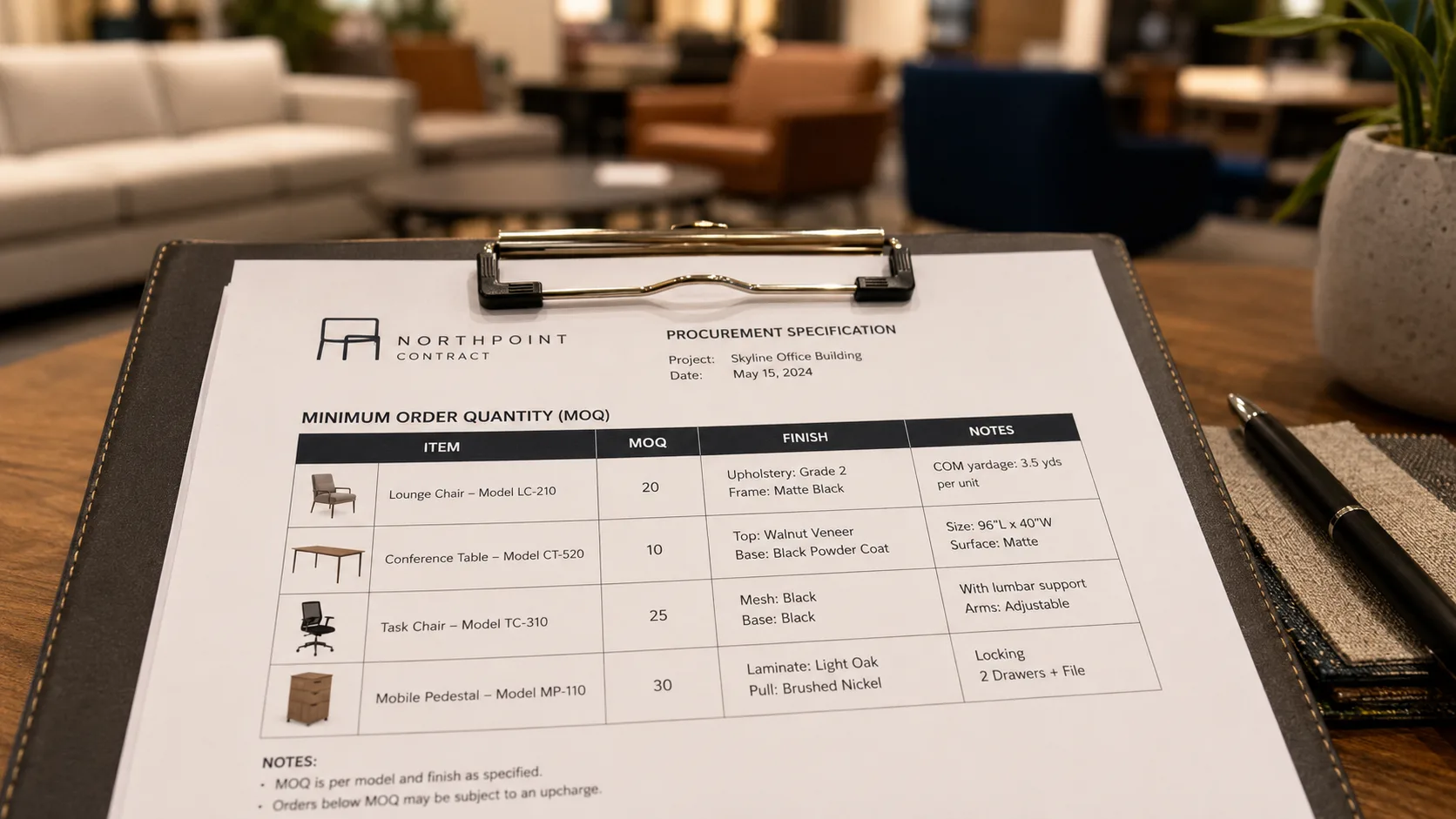 Commercial furniture minimum order document showing order quantity requirements