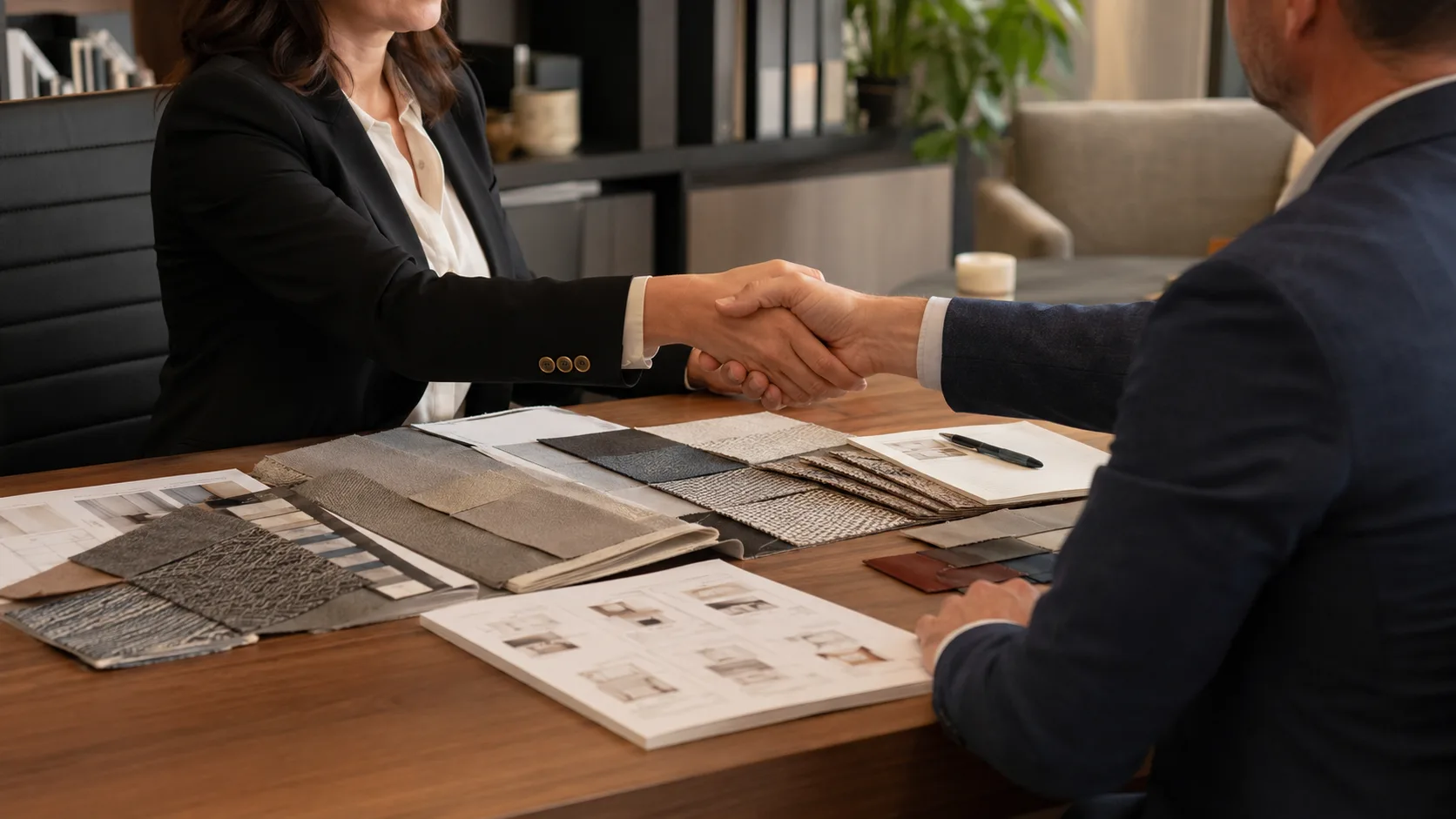 Commercial furniture supplier and buyer handshake showing order confirmation process