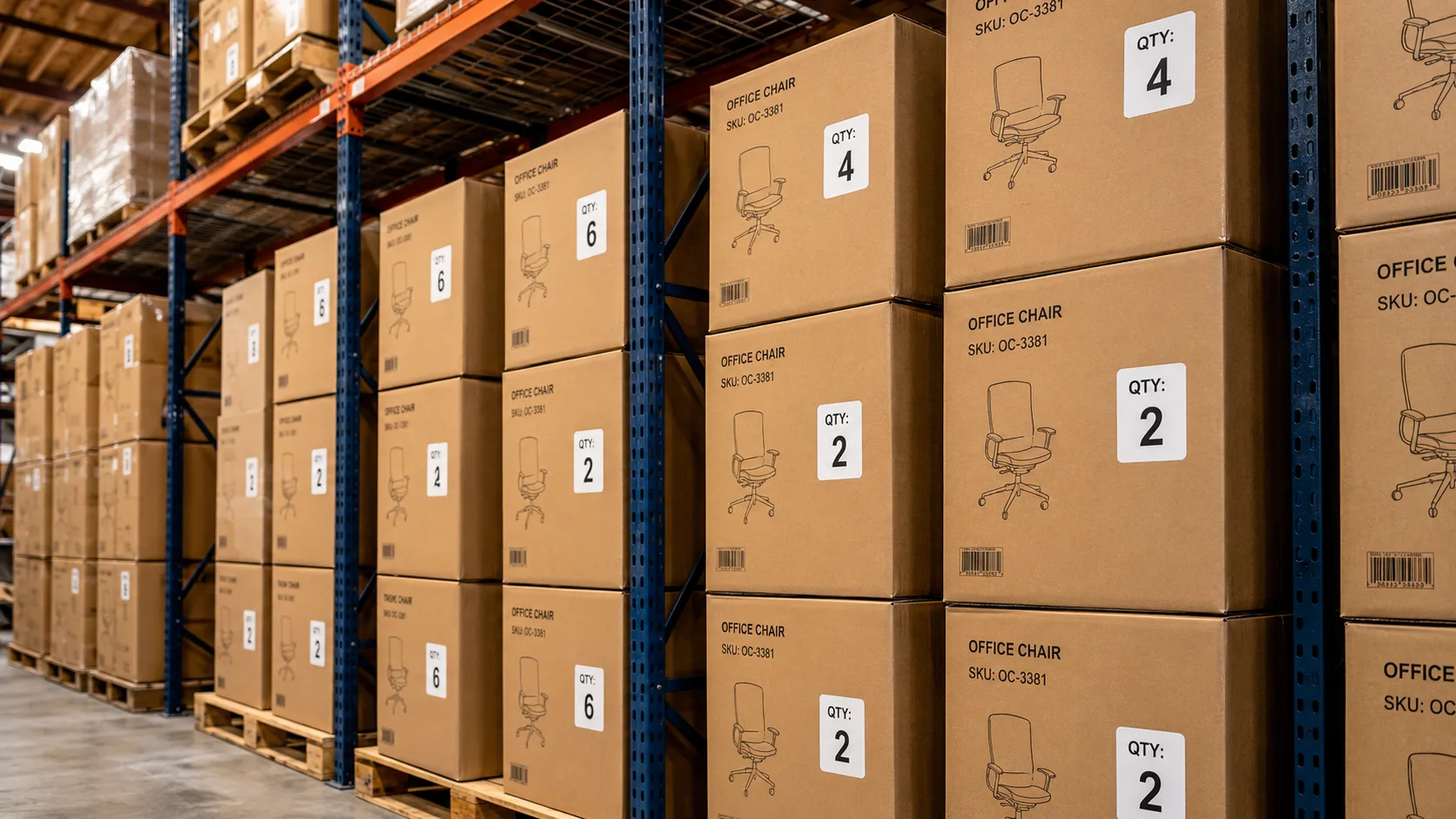 Commercial furniture warehouse inventory shelving showing in-stock commercial furniture
