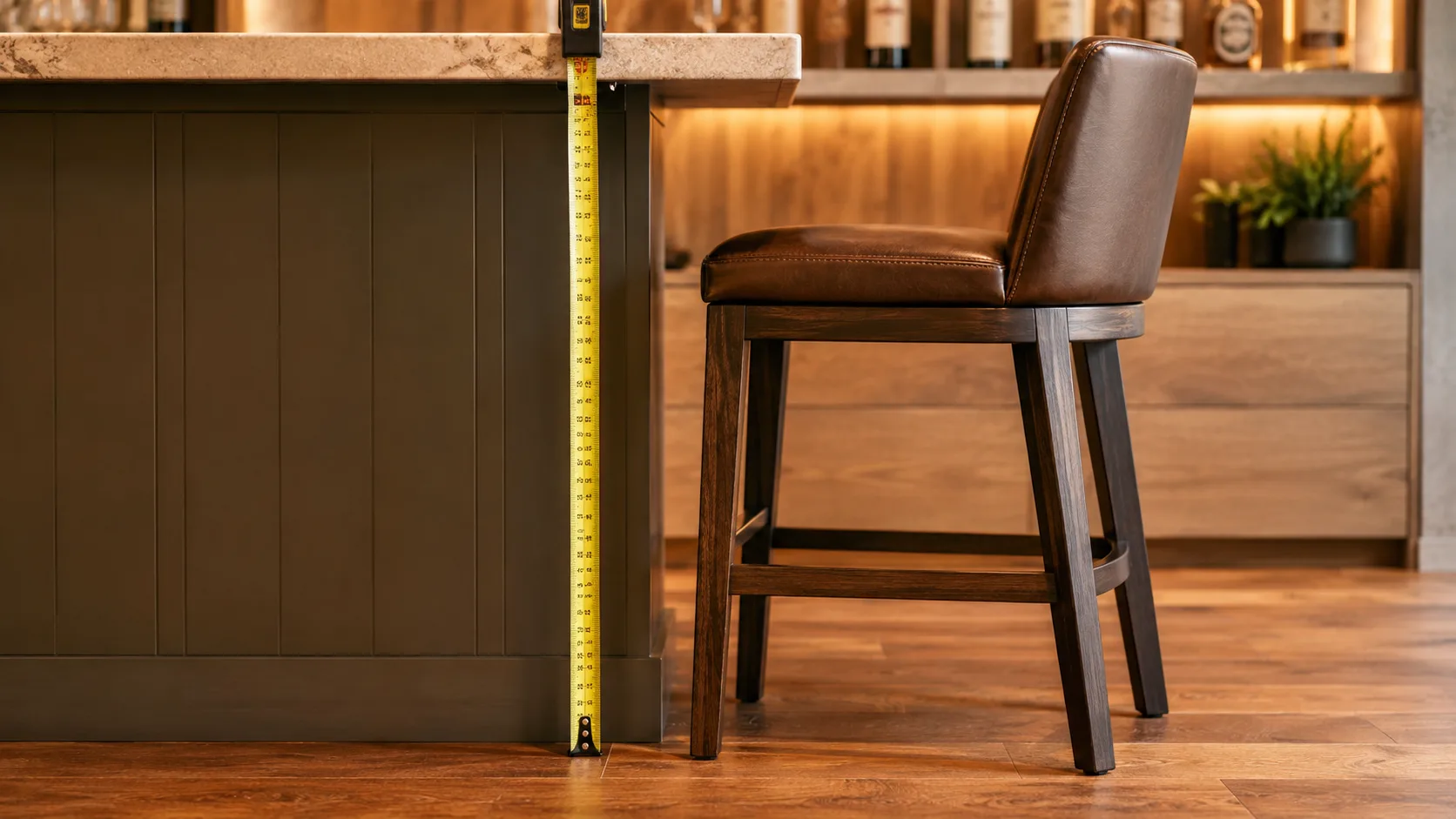 Barstool height measurement with tape measure showing bar top to seat height calculation