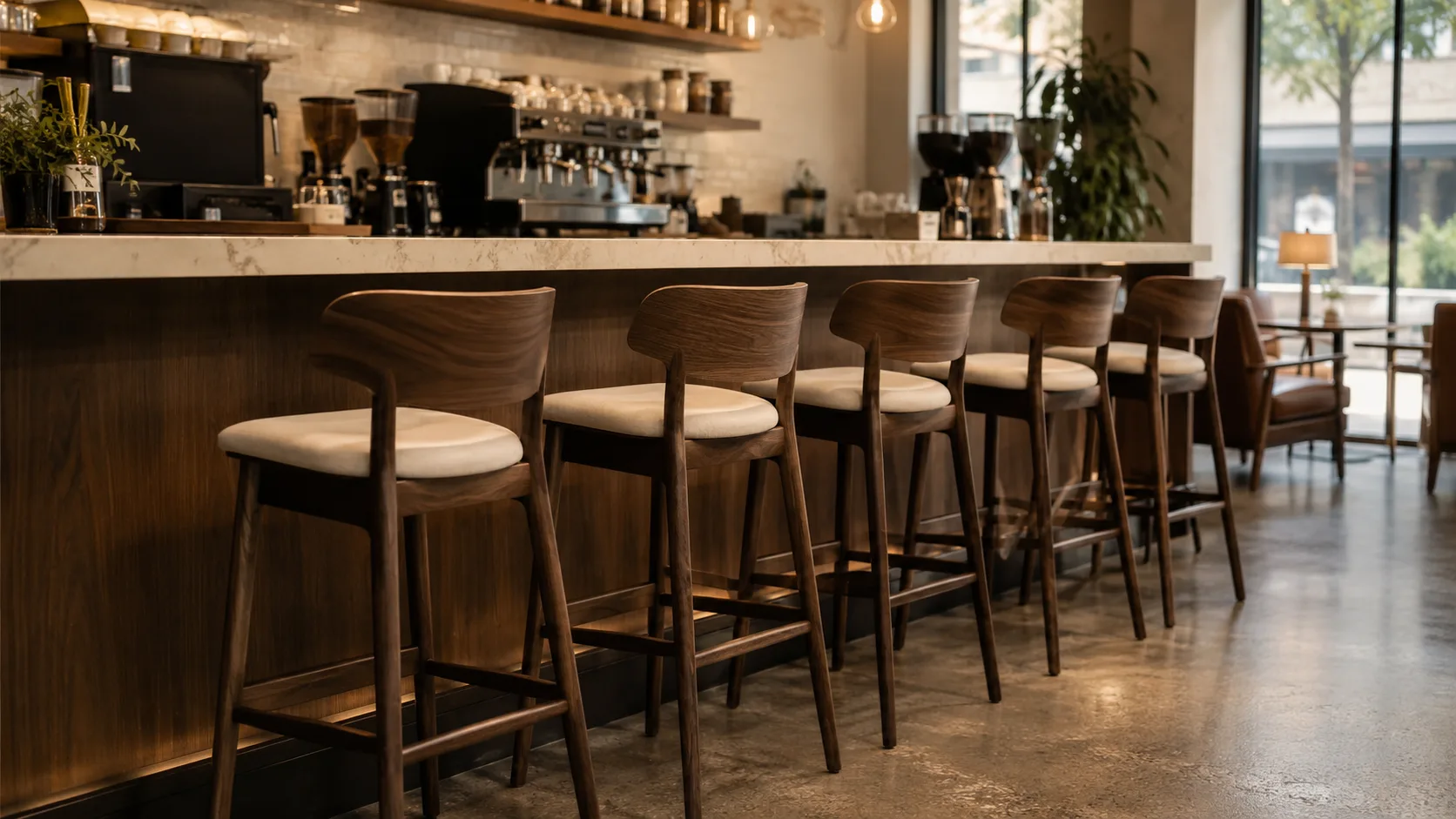 Counter height barstools at coffee shop bar showing backless design in use