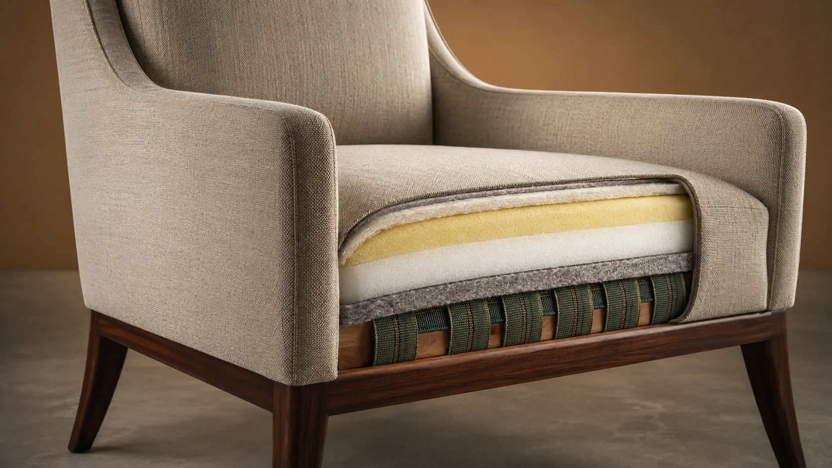 Commercial chair upholstery construction layers showing foam and barrier materials