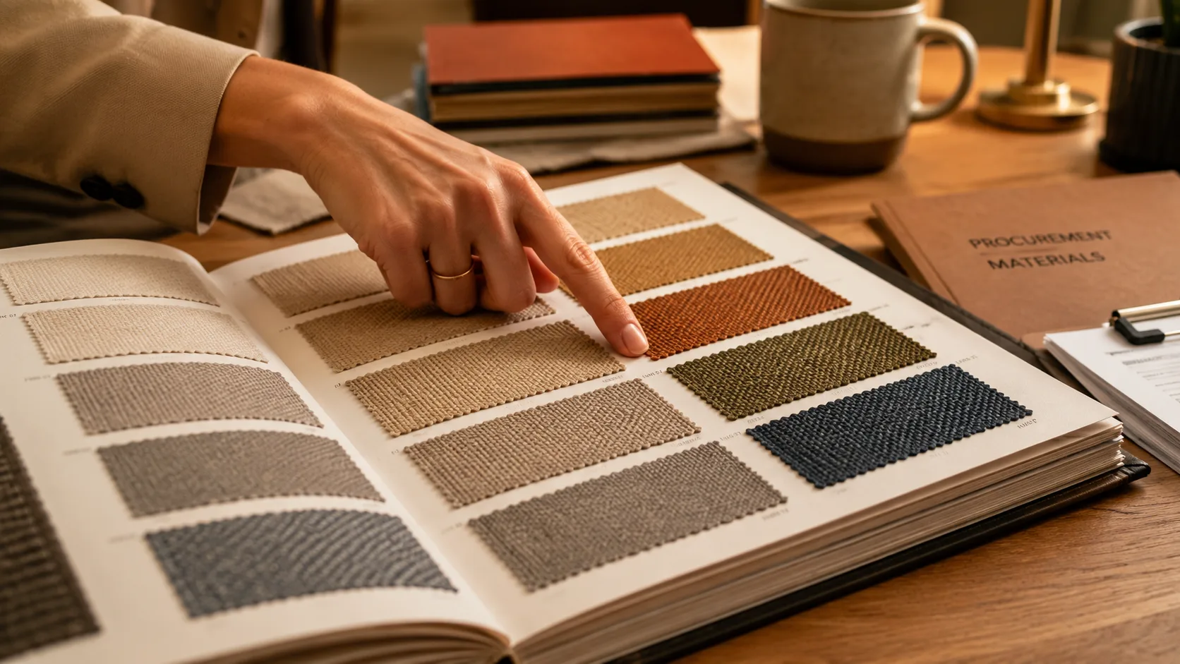 Commercial upholstery fabric consultation showing samples and swatches selection