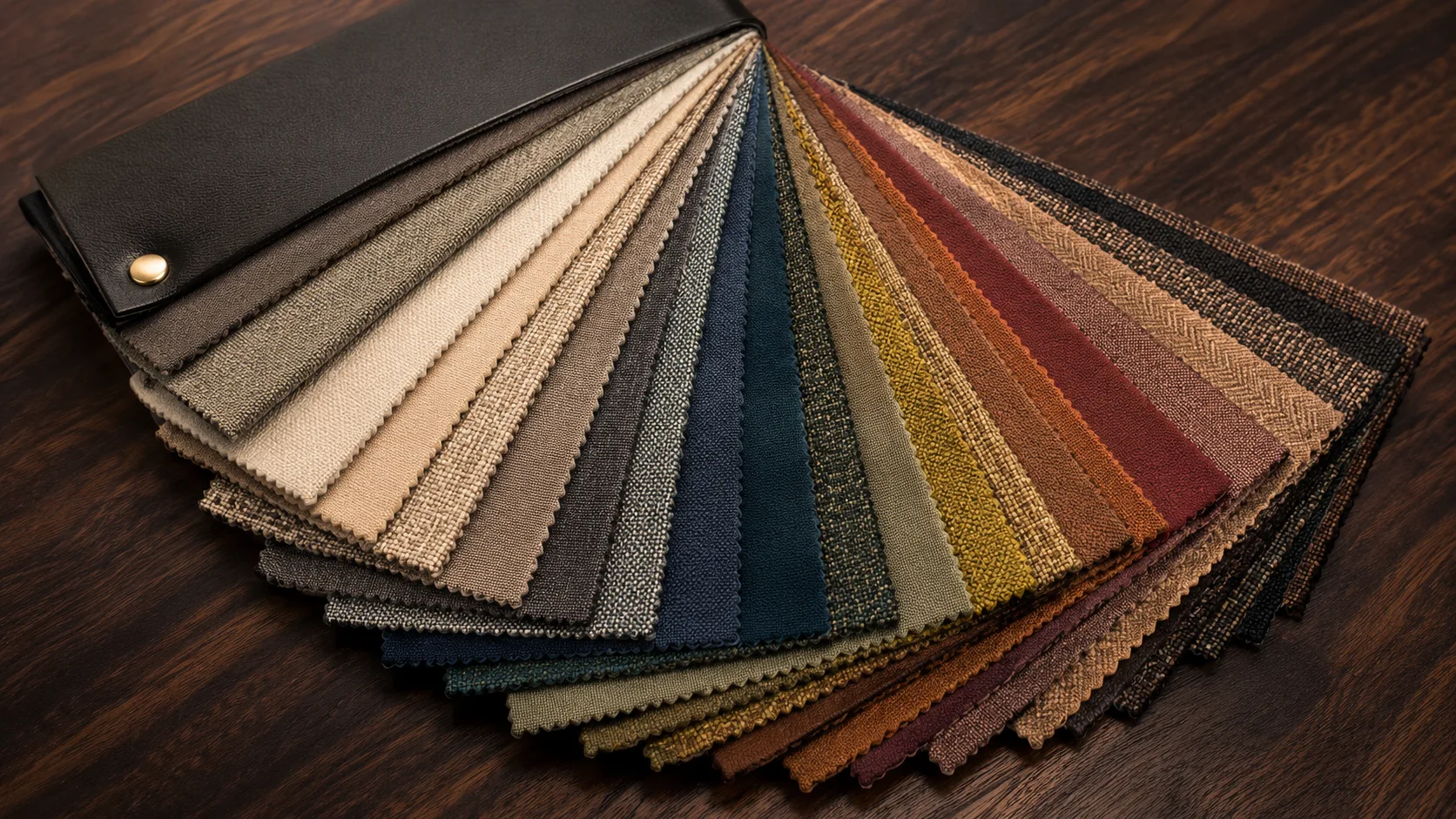Commercial upholstery fabric swatch collection showing material options