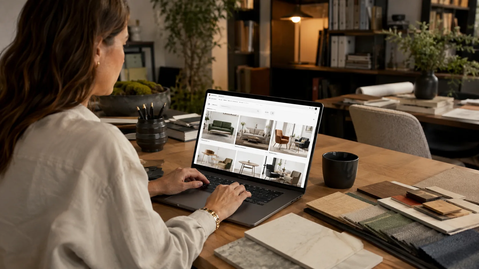 Commercial furniture online research showing designer reviewing catalog