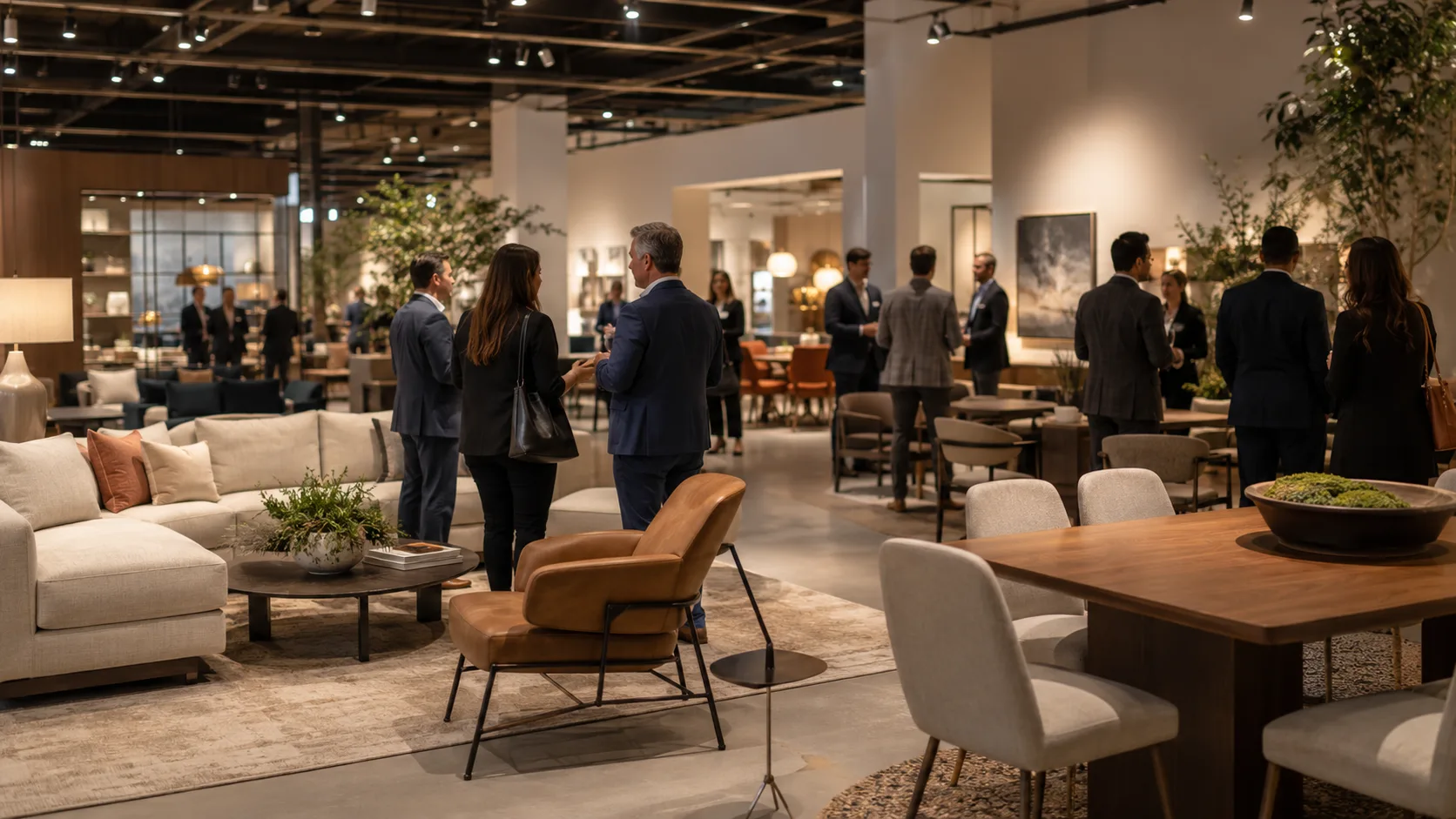 Commercial furniture showroom visitors reviewing products in person