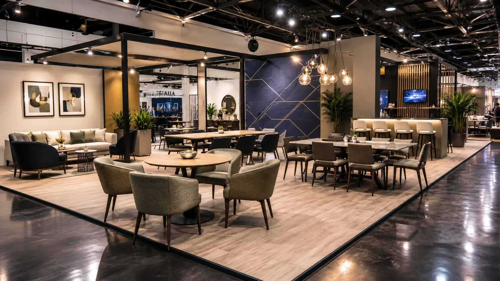 Commercial furniture trade show floor showing multiple manufacturer displays