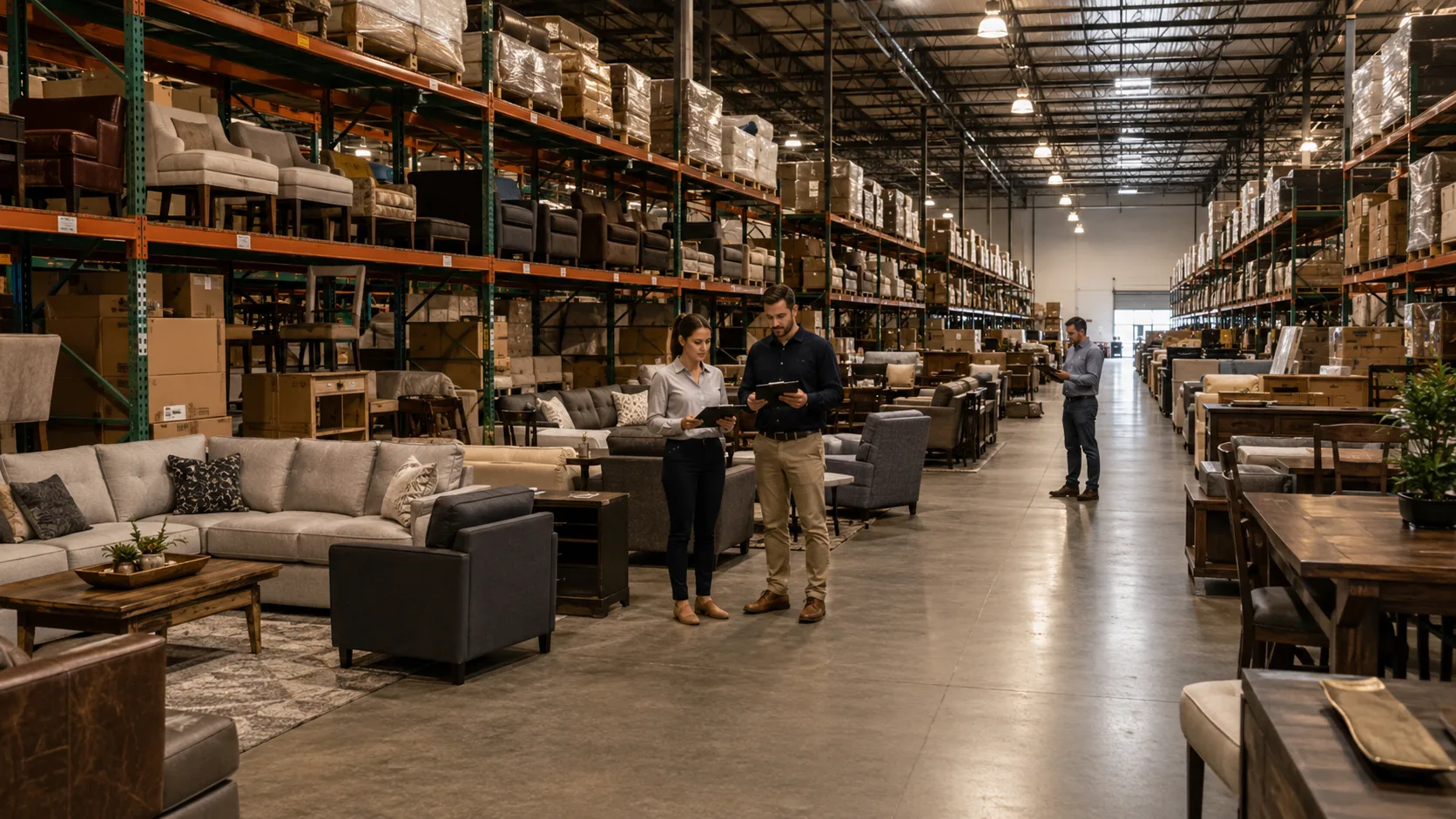Commercial furniture wholesale warehouse showing product storage and distribution