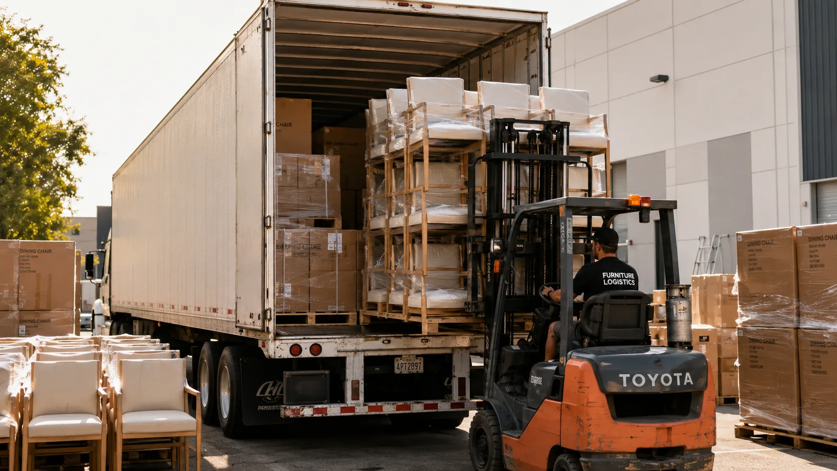 Commercial furniture wholesale bulk order loading at warehouse dock
