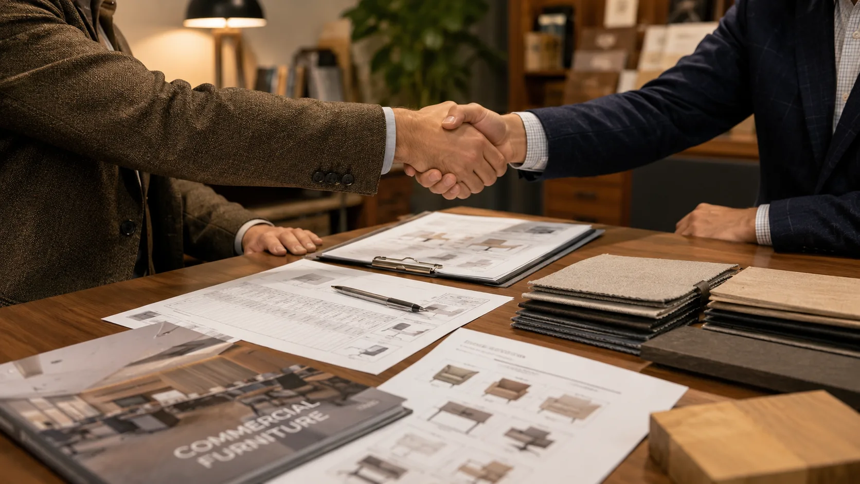 Commercial furniture wholesale buyer and supplier meeting showing negotiation