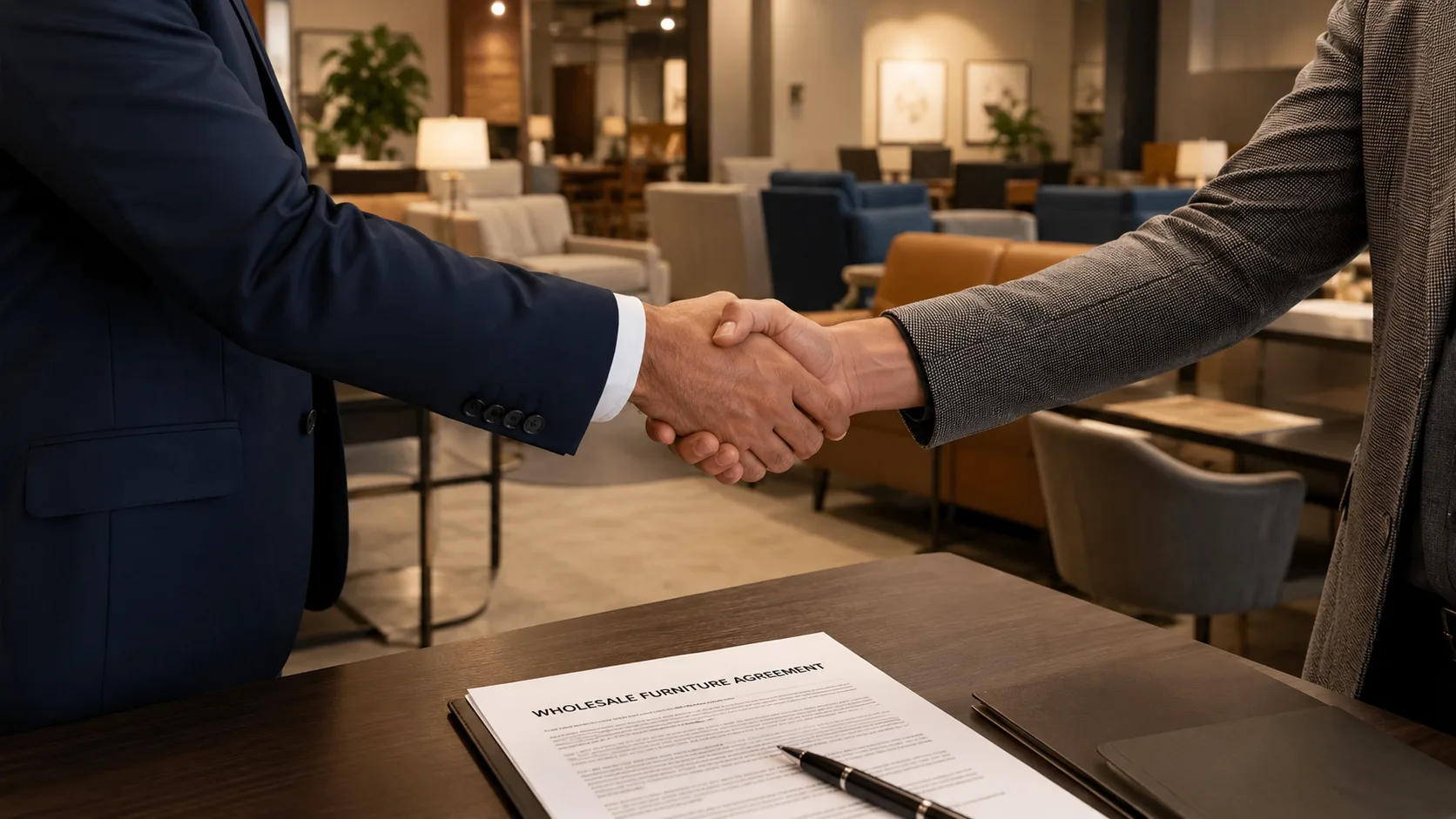 Commercial furniture wholesale deal handshake showing completed transaction