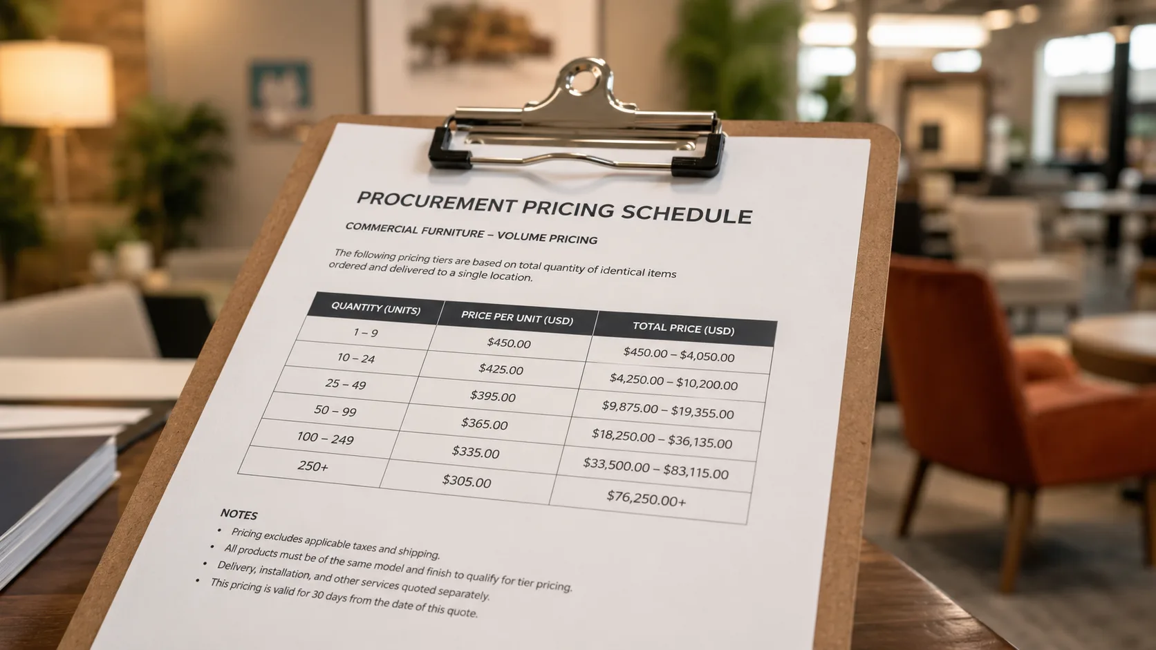 Commercial furniture wholesale pricing document showing quote and unit costs