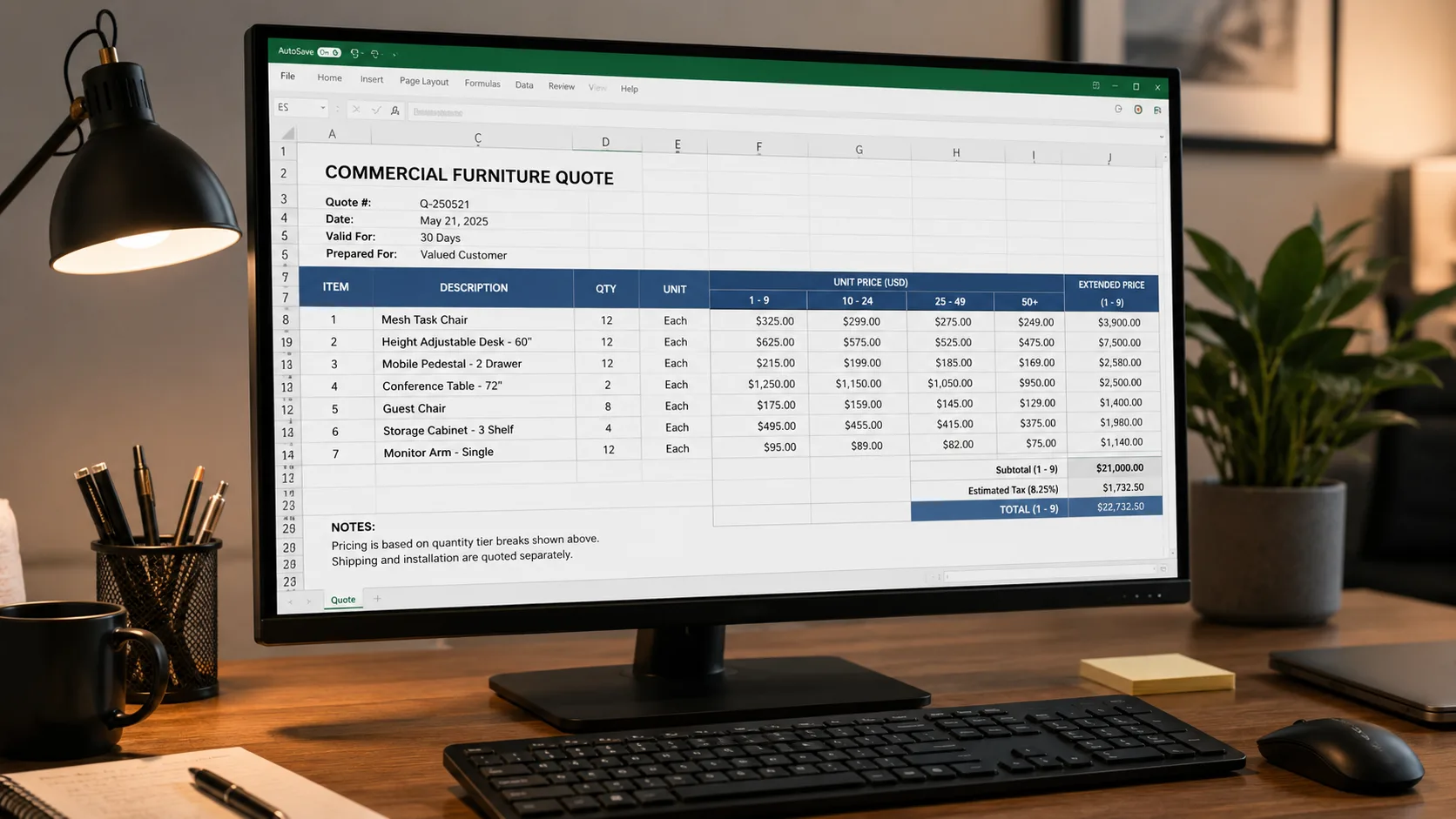 Commercial furniture wholesale quote spreadsheet showing pricing tiers