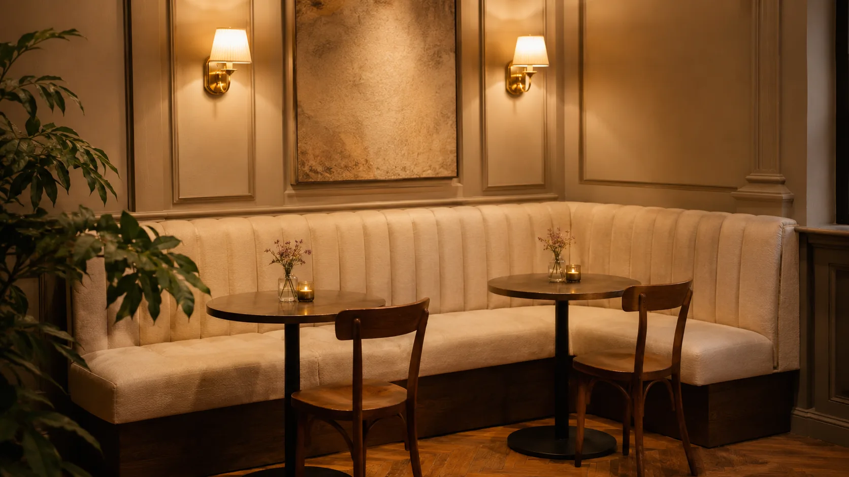 Coffee shop banquette corner seating showing upholstered booth in use