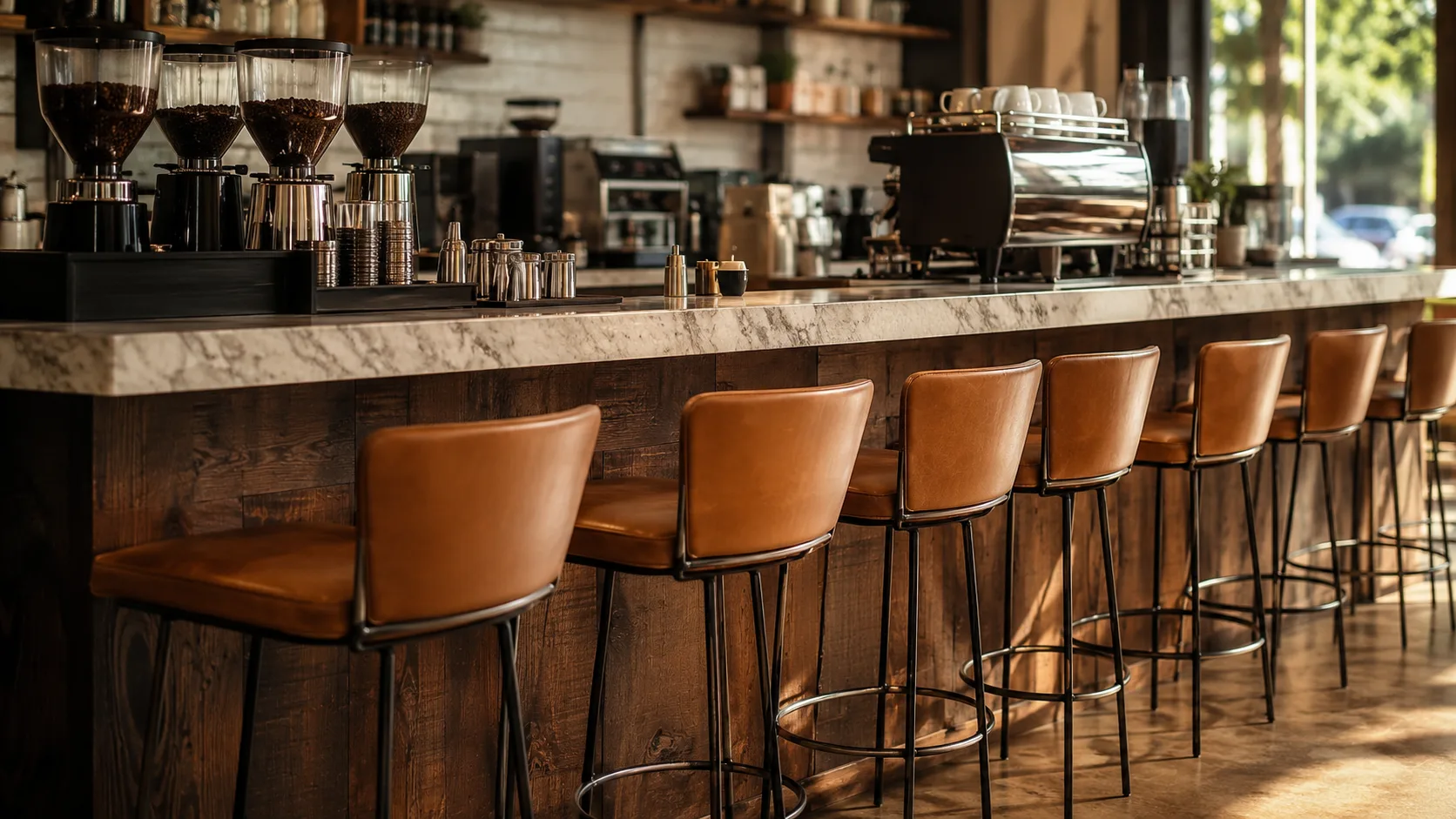 Coffee shop bar counter with commercial barstools showing counter height seating