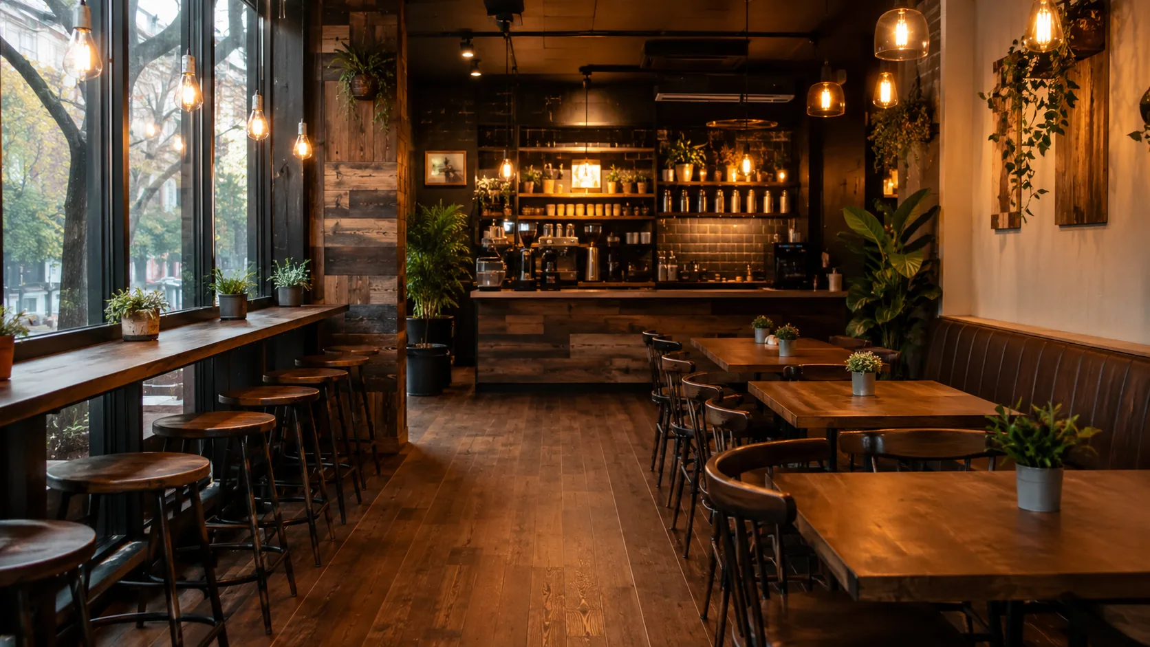 Coffee shop evening bar atmosphere showing café furniture in evening light