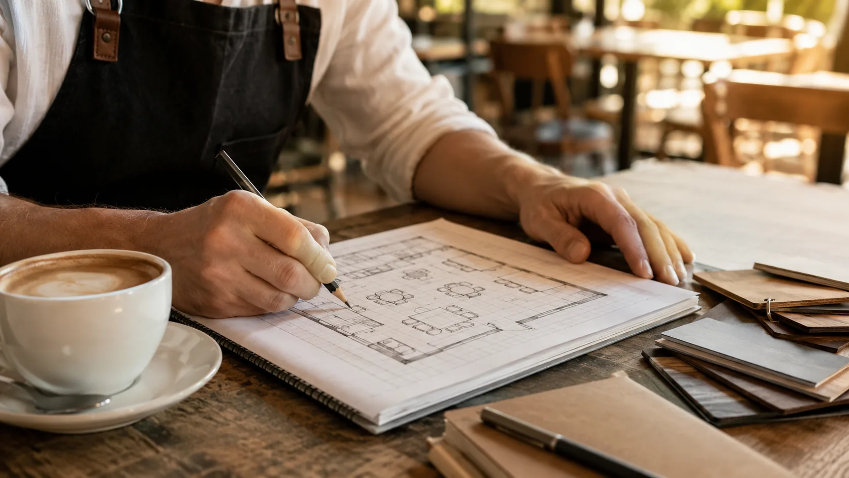 Coffee shop furniture floor plan sketch showing layout planning process