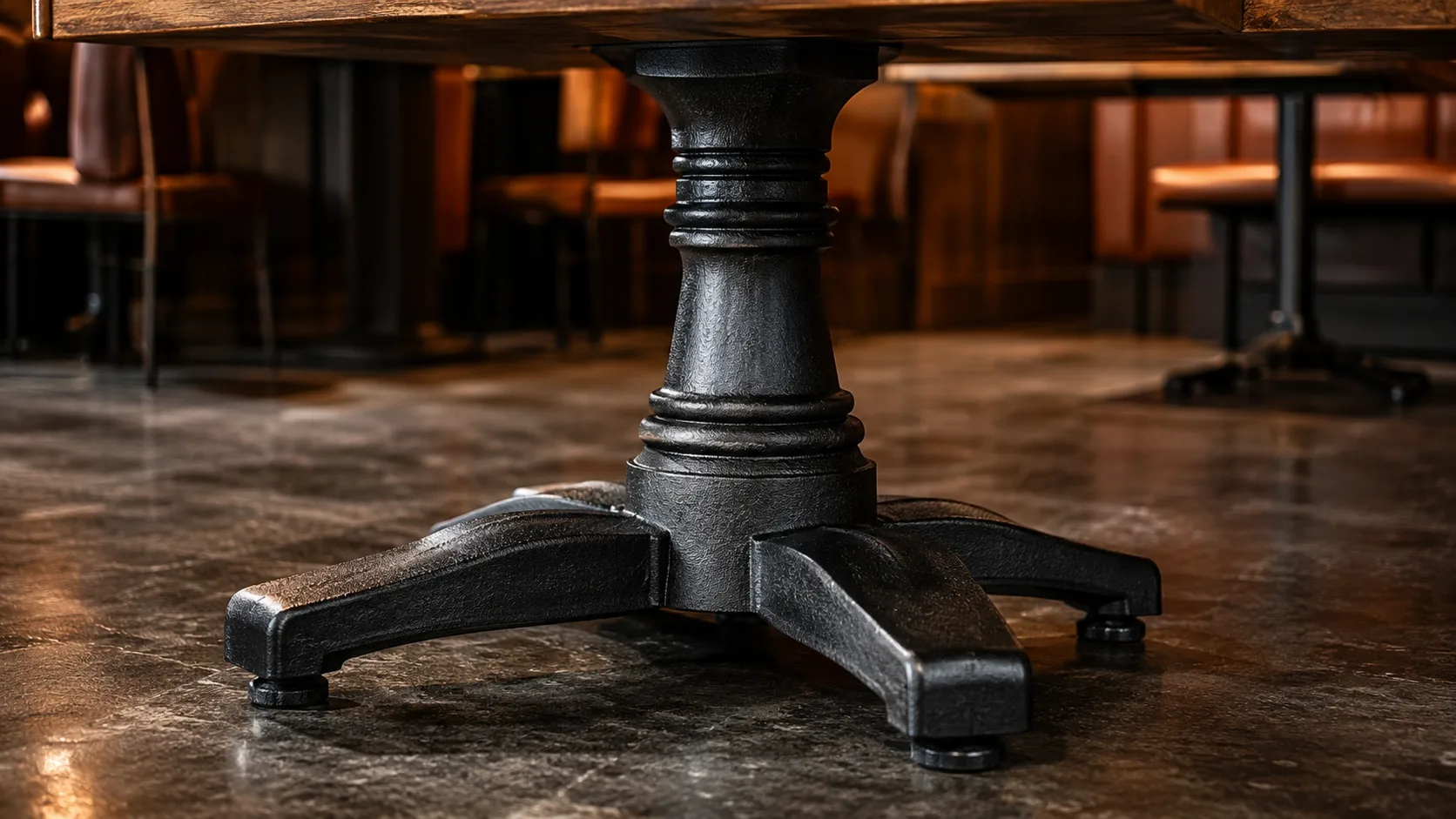 Commercial dining table base cast iron construction detail