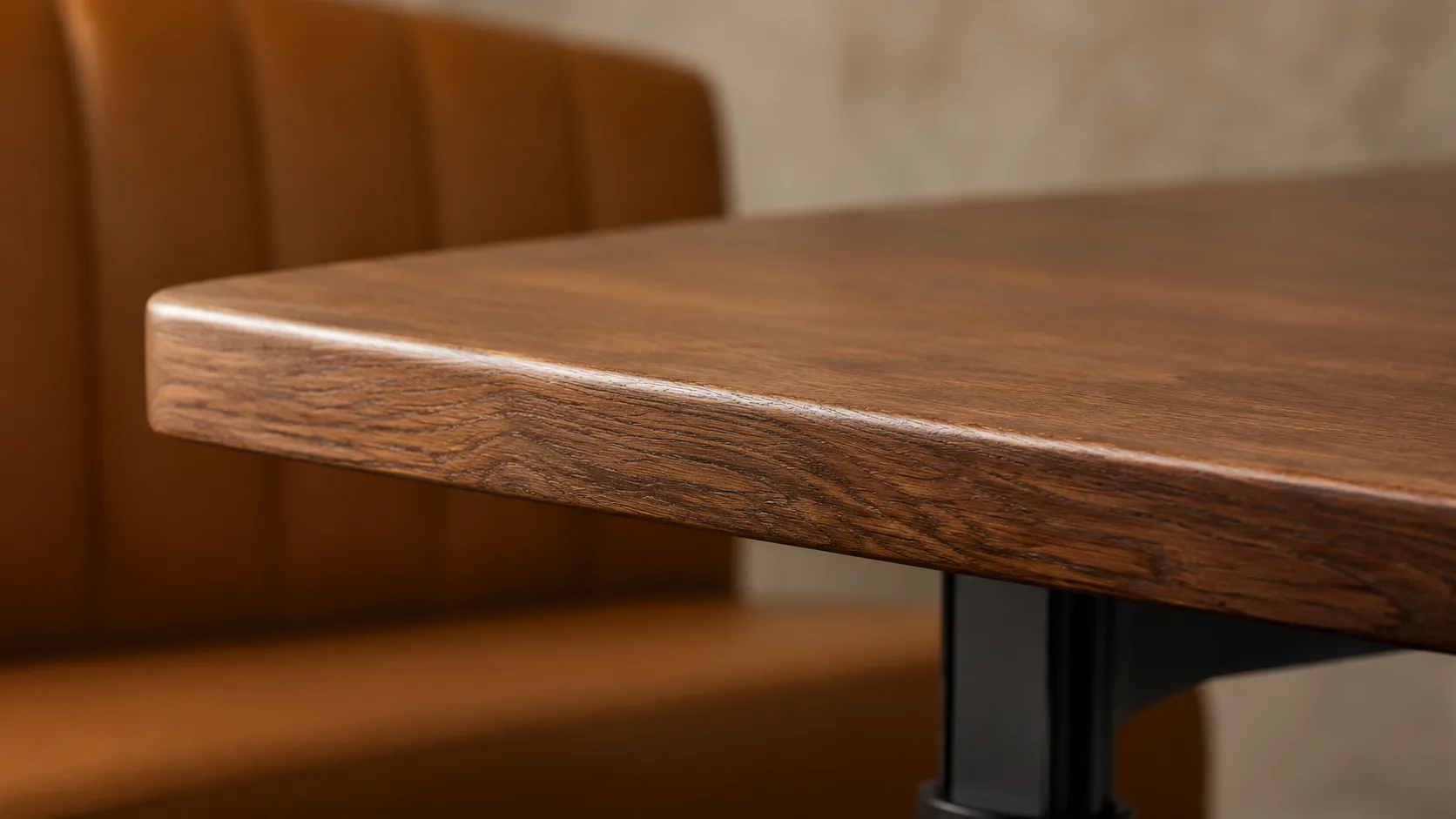 Commercial dining table top close-up showing edge profile and surface finish