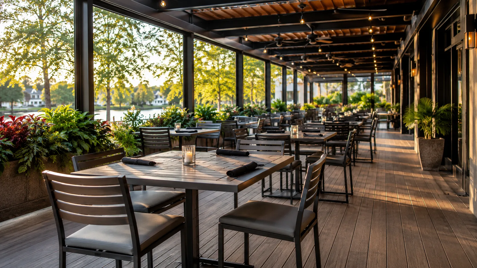 Commercial outdoor dining tables on patio showing commercial grade outdoor table construction