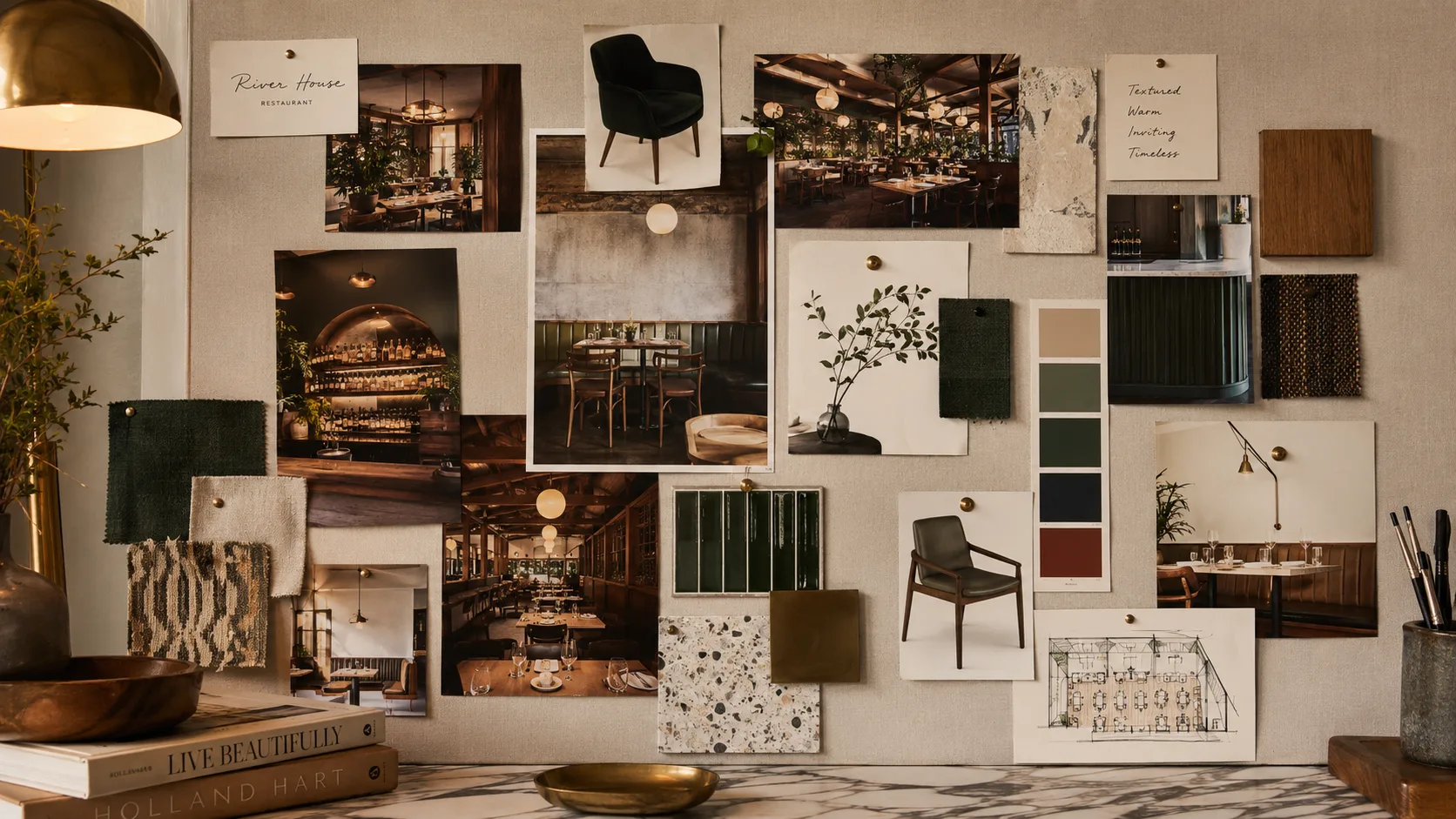 Restaurant furniture concept mood board showing aesthetic direction planning