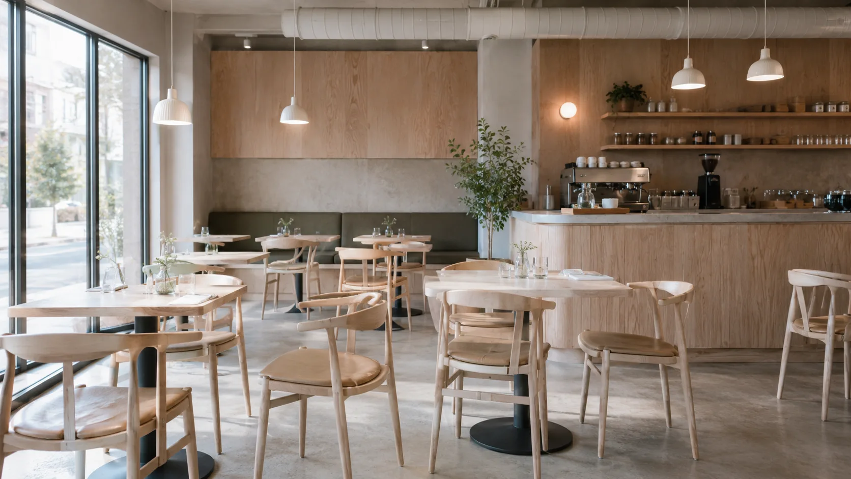 Scandinavian café furniture concept showing clean aesthetic with wood and light tones