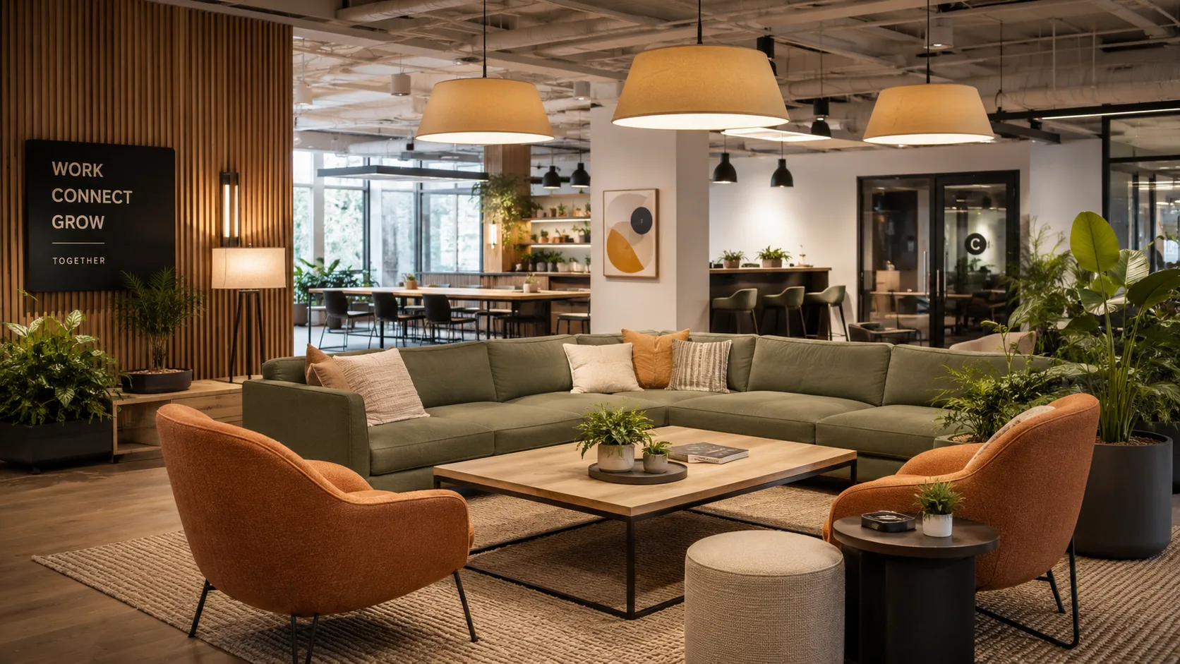 Coworking collaborative lounge seating showing flexible commercial seating arrangement