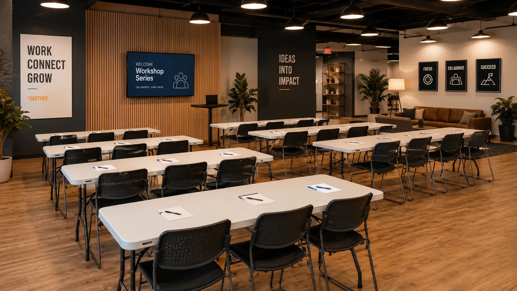 Coworking event space with commercial furniture showing flexible seating arrangement for event