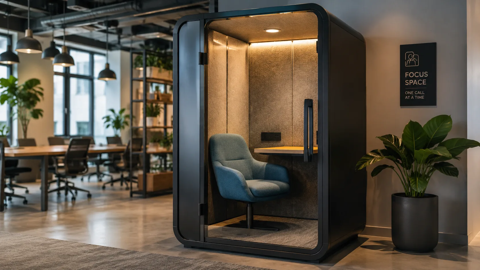 Coworking focus pod commercial furniture showing private workspace seating