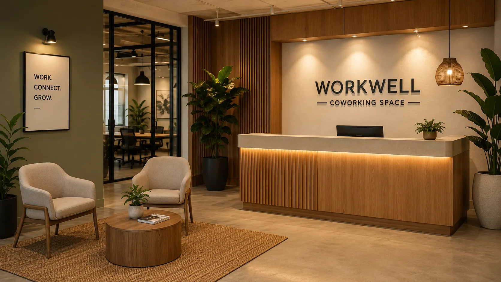 Coworking space reception with commercial furniture showing first impression area