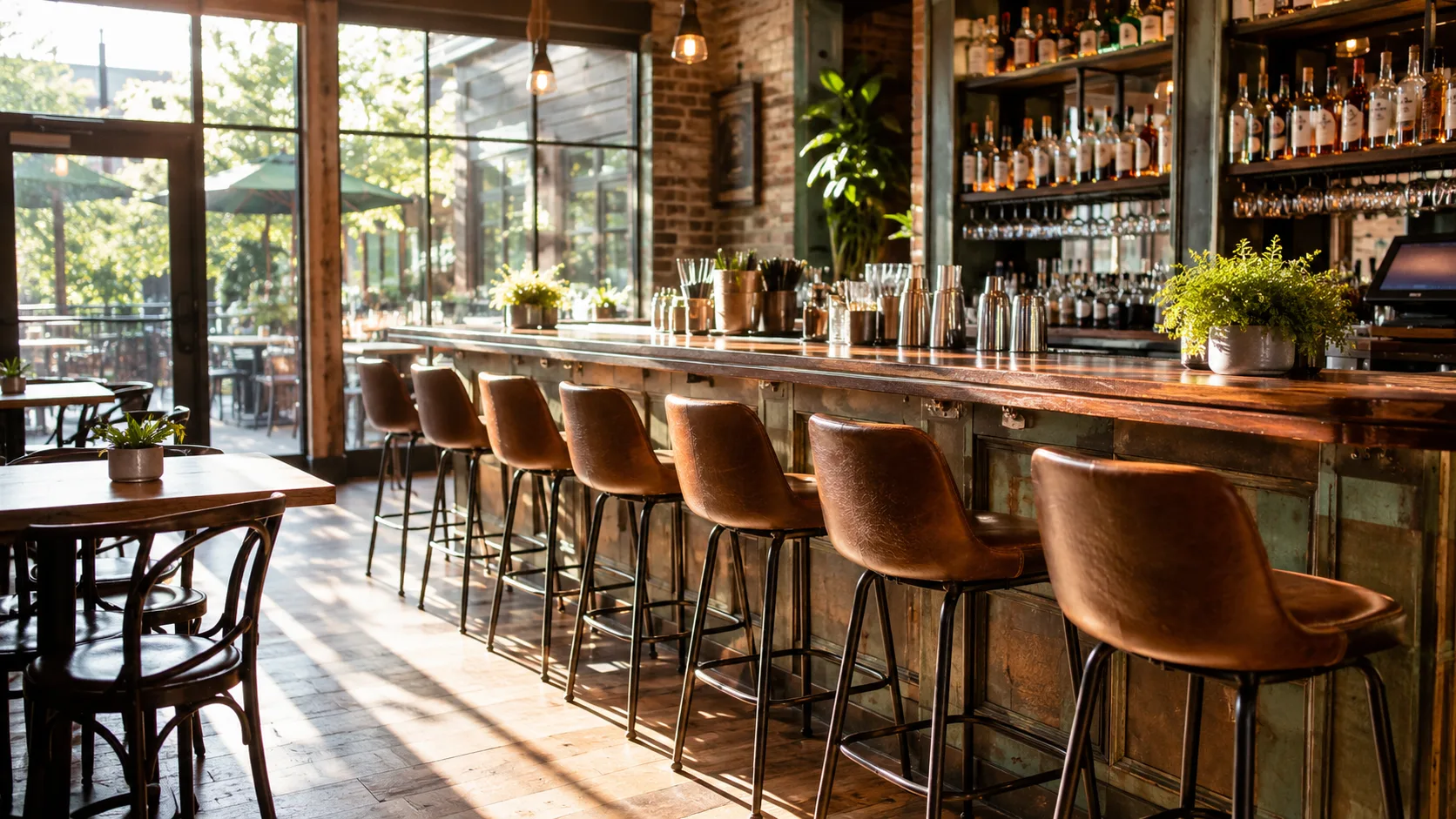 Bar furniture in daytime natural light showing commercial quality and construction detail