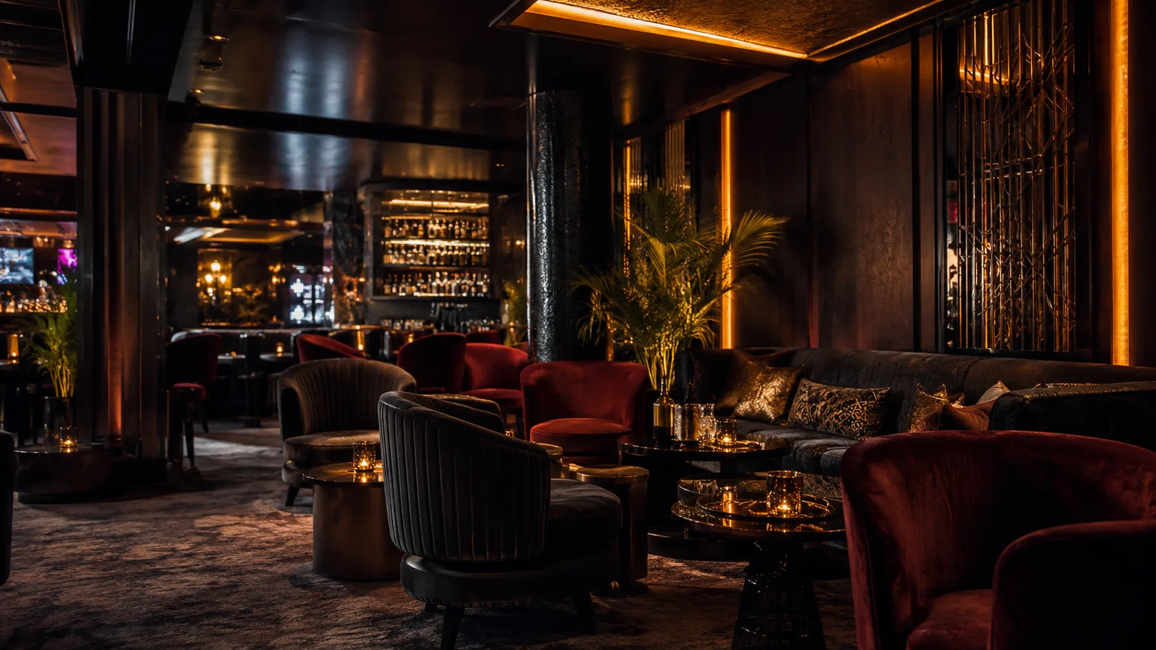 Bar and nightclub VIP lounge with velvet seating showing premium commercial upholstered seating