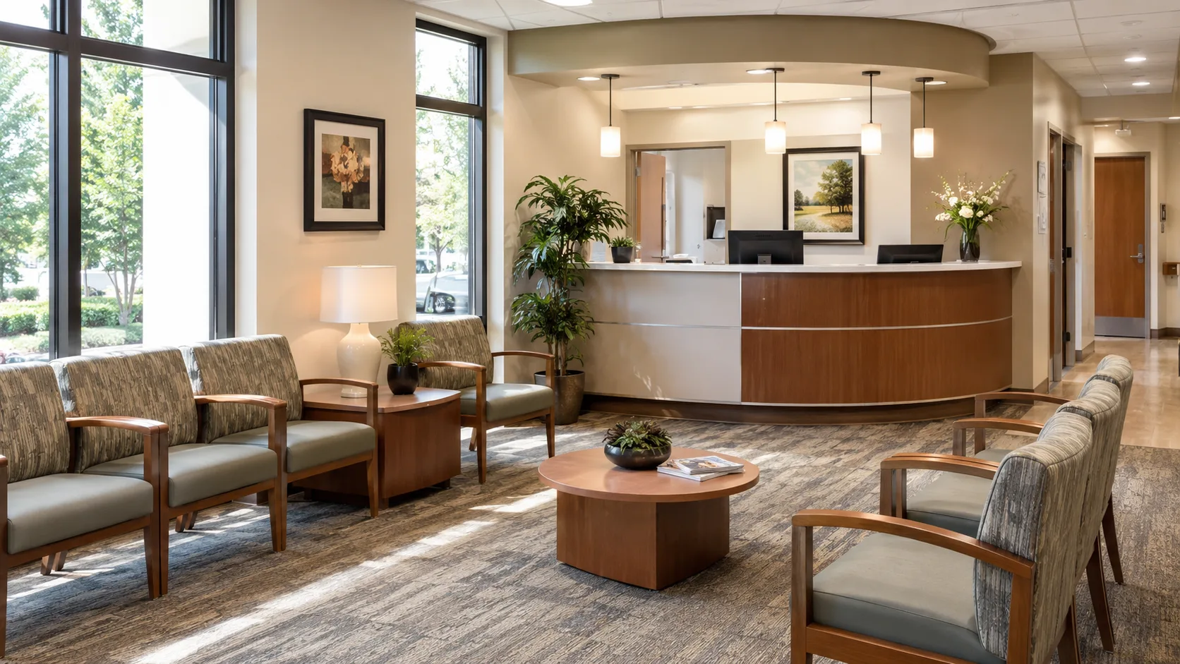 Office reception with marble desk and commercial seating showing professional specification