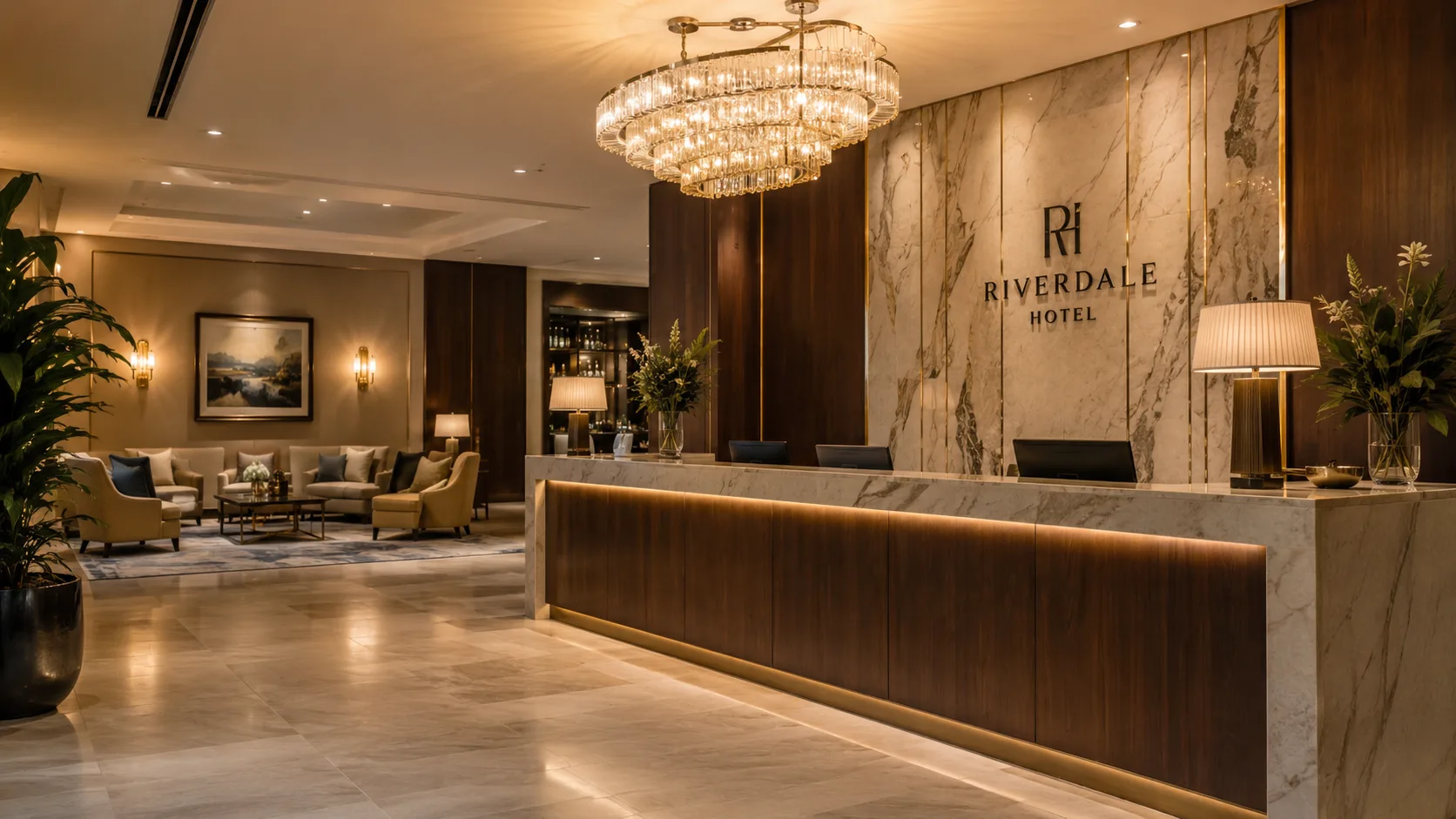 Reception area furniture in luxury hotel lobby showing scale and proportion