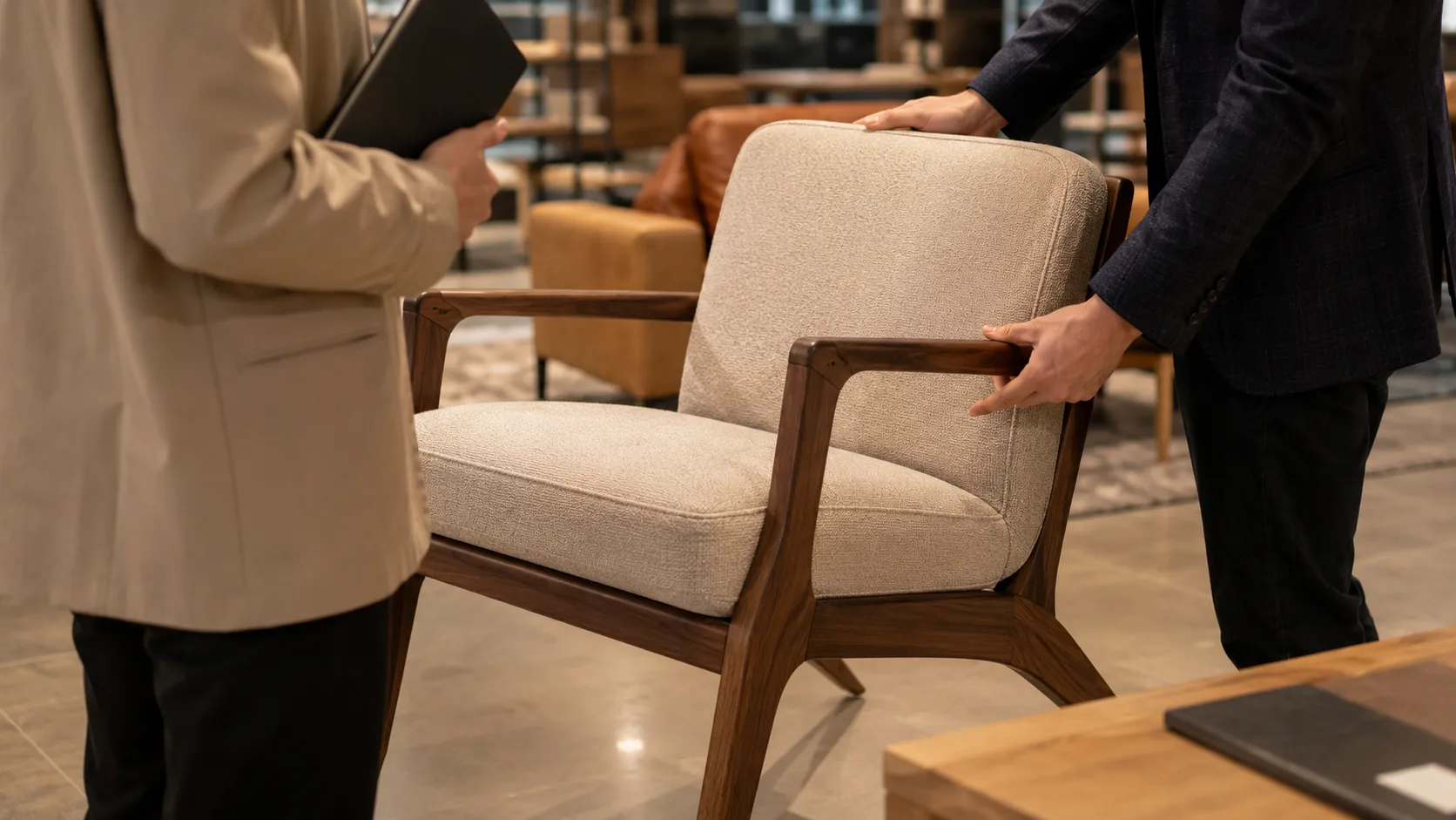 Commercial furniture supplier chair demonstration showing product quality