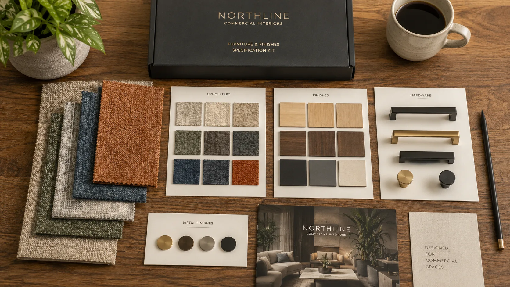 Commercial furniture supplier sample kit showing fabric and finish samples