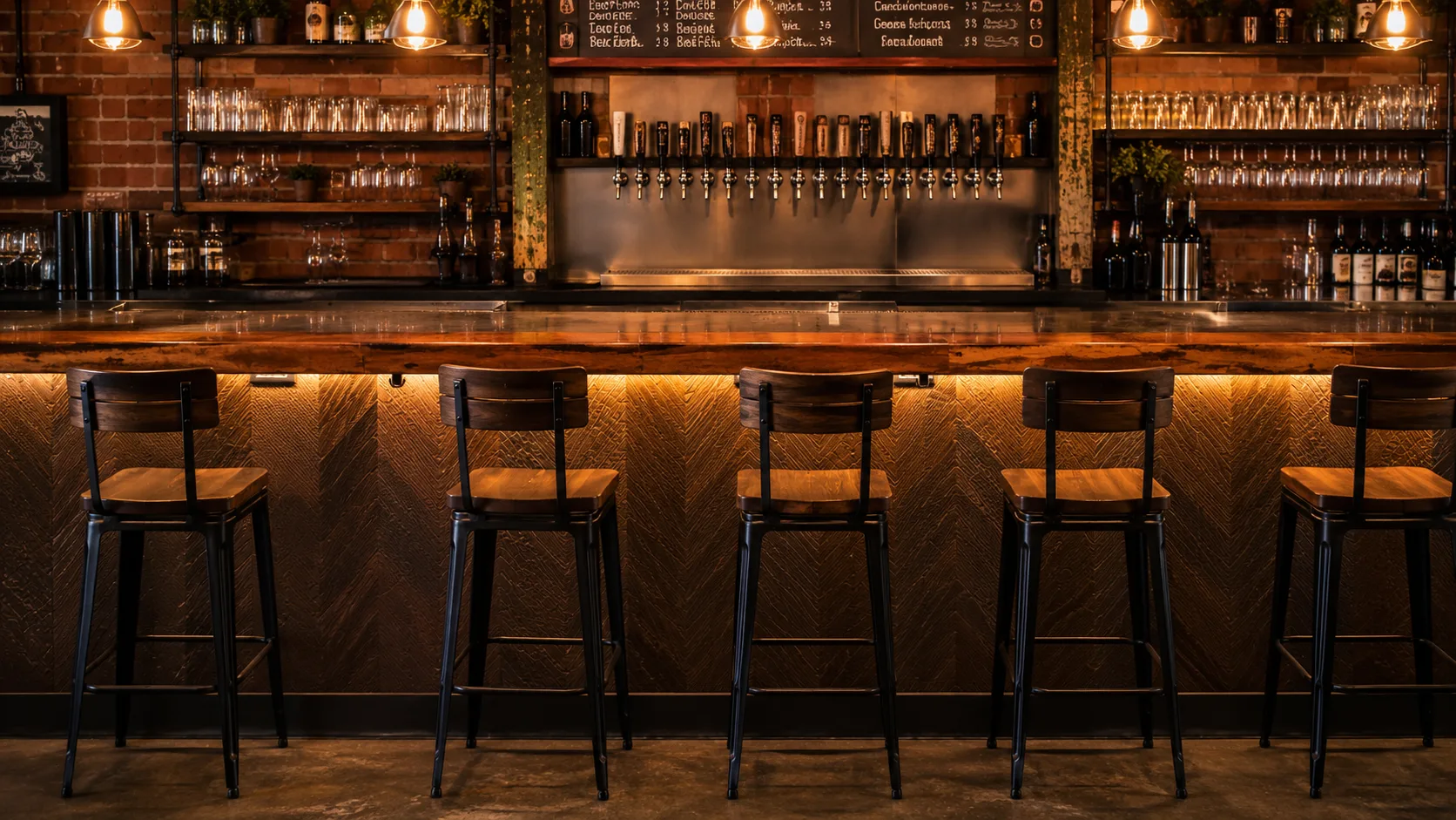 Brewery bar stools at wood counter with tap handles showing bar height seating in use