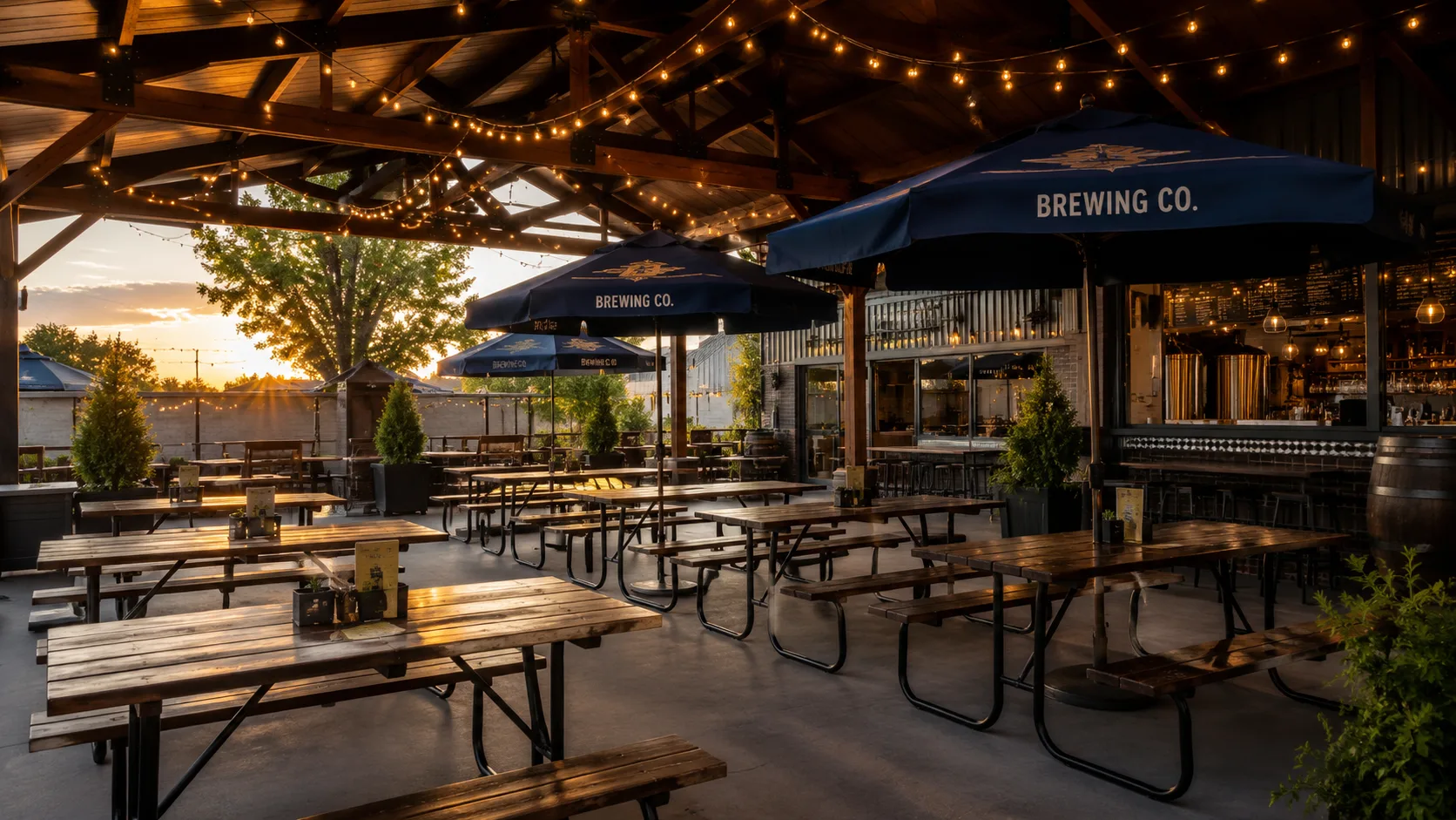 Brewery outdoor patio furniture with pergola showing commercial outdoor seating