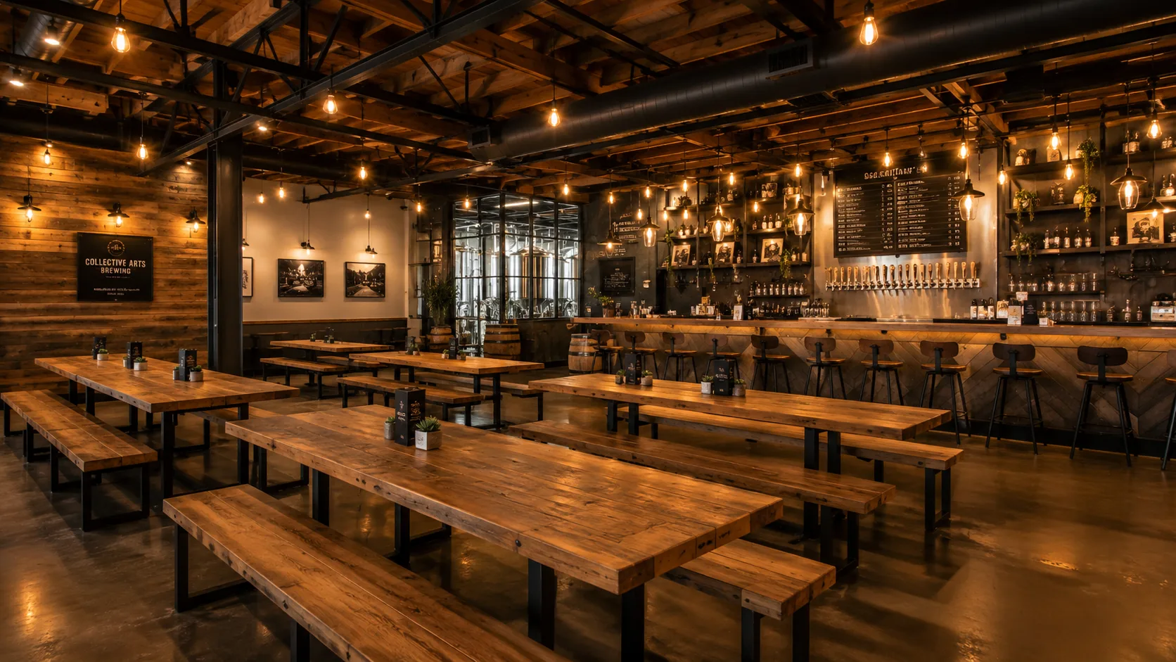 Brewery taproom furniture communal tables showing long shared seating arrangement